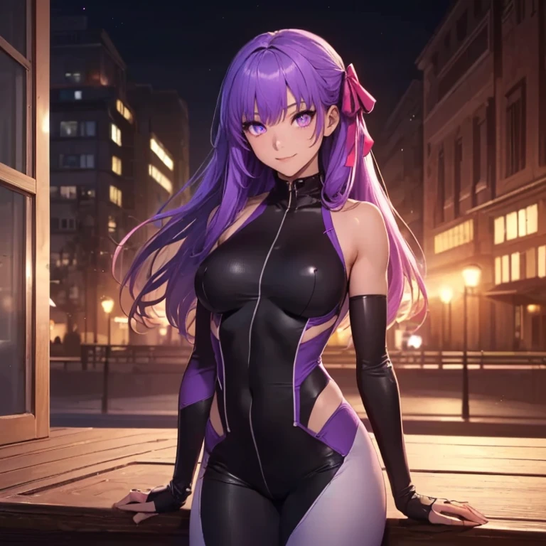 最high quality, high quality, pretty girl, alone, beautiful purple hair, Beautiful purple eyes, smile,White leotard、Spreading her legs