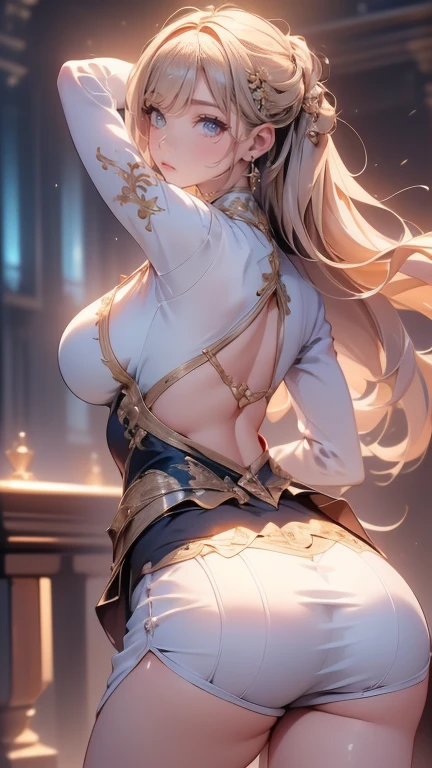 masutepiece, Best Quality, the Extremely Detailed CG Unity 8K Wallpapers, Beauty Priestess Costume, Long dark blonde wavy hair、White lace dress, (Long flared skirt), Medium milk, Puffy nipple、Blushing, Shy laughter, Bare shoulders、sexy hips、sexy underwear、Black High Heels、Luxurious magic wand and book、Church of the castle、sexy pose、(Poses that emphasize the buttocks)