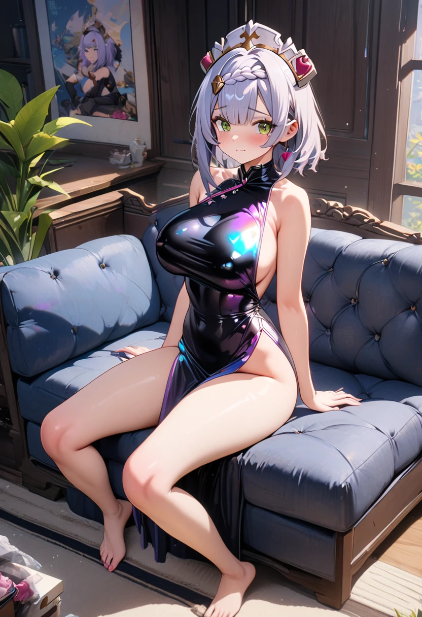 beautiful girl, young girl, Purple eyes , short hair (Silver) , latex, entire body in latex (black) , body, sitting on the floor, only anatomy, no extra limbs, White background