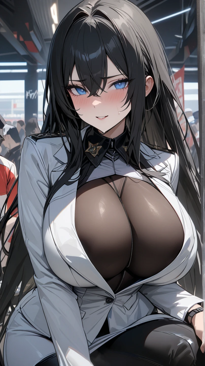 (tuxedo jacket), nude, curious(short height)(young girl), (black bunny ears), (huge round breasts)(big boobs), lactation(large nipples)erect, narrow waist, belly button, small hips, (bare hips), (nude underbody), (exposed vulva)(no panty), exposed(wet pussy)(inner labia)clitoris(pussy juice), (thin legs)(bare legs), (thin thighs)(M-shape), (silver ponytail)(white ribbon), (Highly Detailed CG Unity 8K Wallpaper) (Better Quality) (Better lighting)