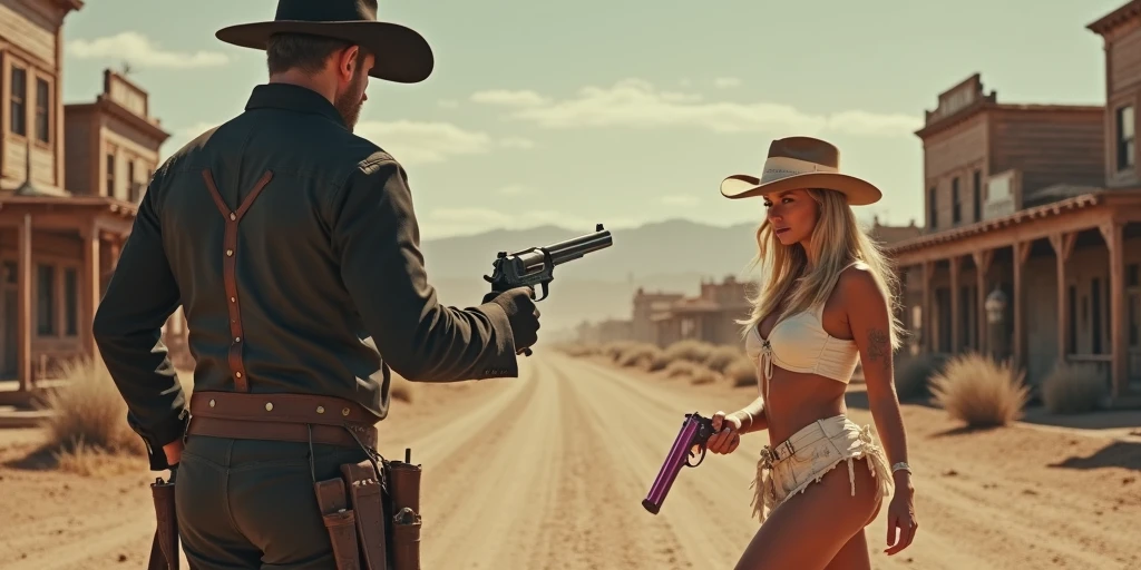 A man, middle-aged and a cowboy hat, has captured a beautiful blonde woman in a sexy bunny costume, She is tied and bound by her hands and feet, She is lying on the ground face down with an angry and cold look on her face., the man steps on her, full body view, side view of the body, old west setting, hyperrealistic quality image