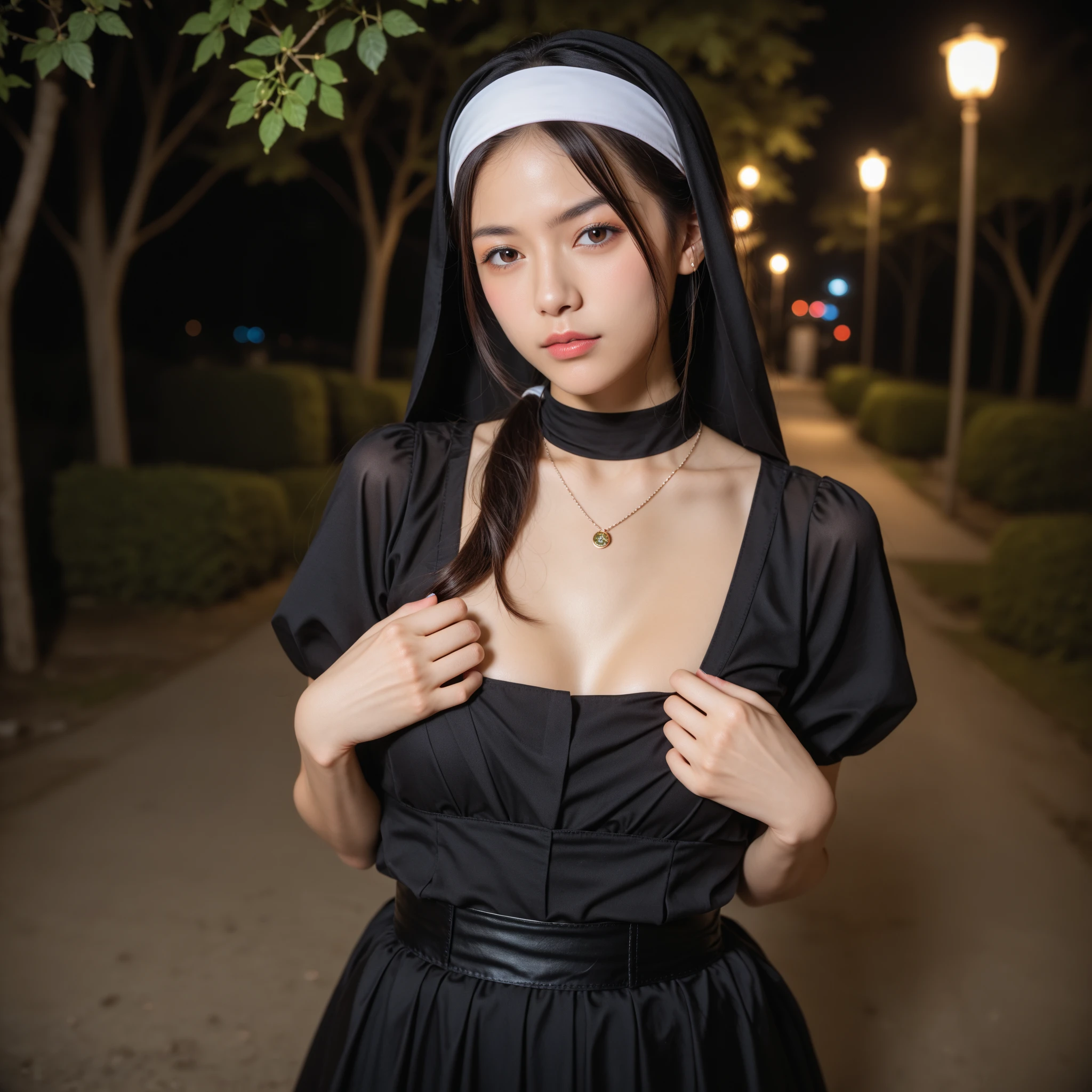 (extremely detailed CG unit 8k wallpaper: 1.1), high resolution, detailed body skin, contrast, color, shadows, street background, 1girl, nun, long black hair, (blue eyes), huge chest, loose breasts, hands on breasts, embarrassed, gothic, transparent clothing, se through clothing, sheer clothing, sheer dress, white bra, da to see the bra, bra exposed, bra leaked, bra showing, white bra, embarassed, surprised, mouth open, discovering that the bra is showing, very embarrassed, trying to cover the breasts with her hands, ((see-through clothing)), black nun sheer dress