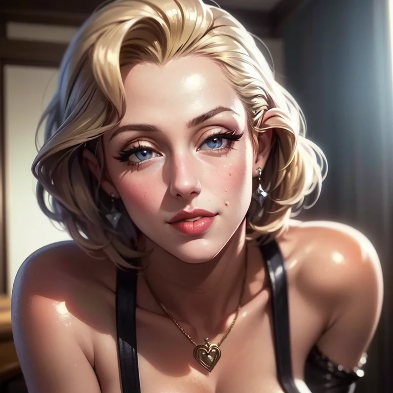 1girl,a beautiful fashion model ,(masterpiece, detailed background, best quality),short and shiny hair, light blomde hair with blonde highlights,smirk,juicy lips,red lips, calmart, lingerie, stripping, elegant makeup, (girl cocking her eyebrow)