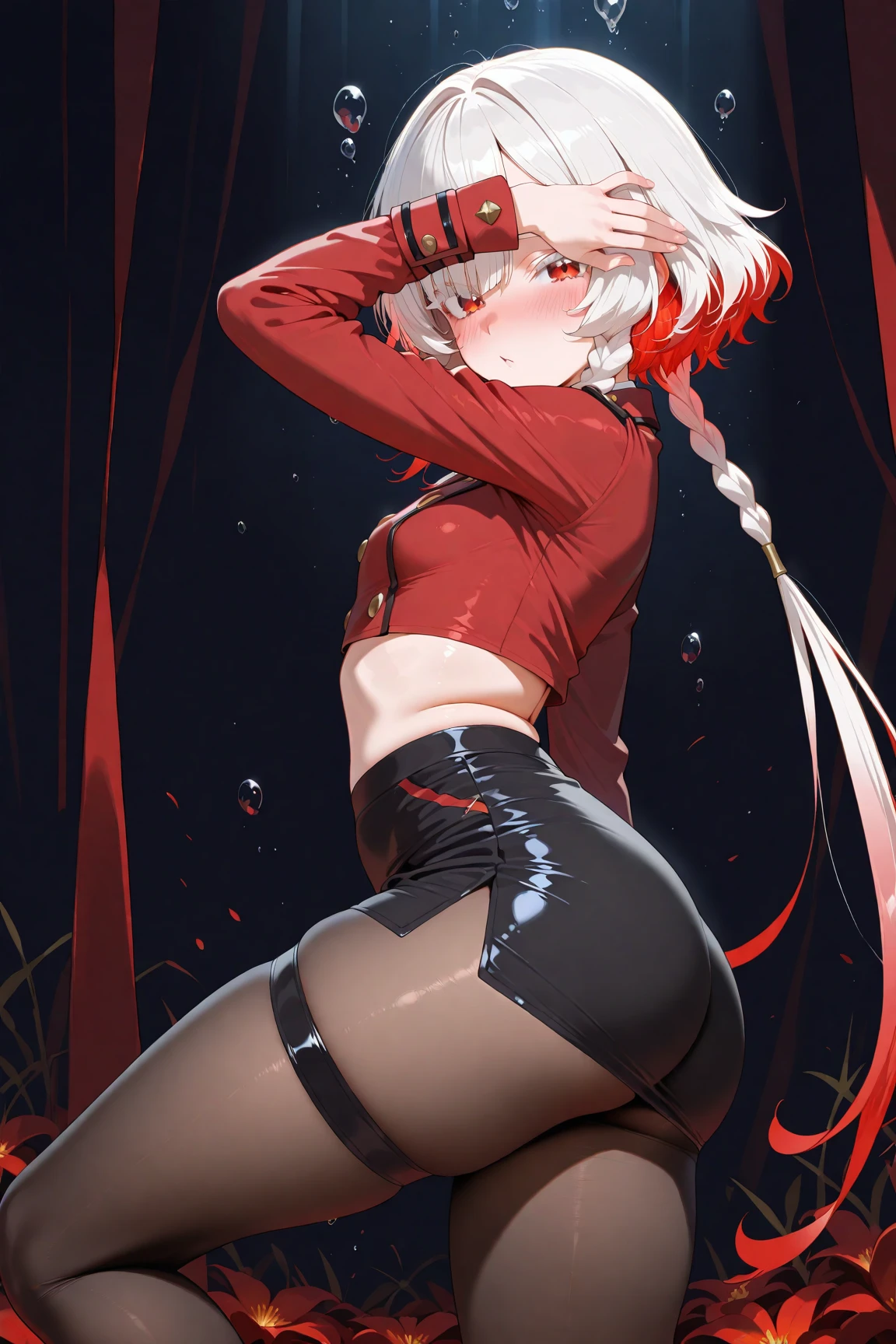 best quality, expressive eyes, perfect face, small shorts, sleek legs, black hoodie, hood over head, hood raised, long blonde hair, glowing eyes, red eyes, side glance, hands in pockets, butt view, rear focus, accidental exposure