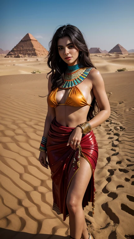 a woman in a red dress and headdress standing in front of a wall, aztec warrior goddess, stunning egyptian princess, aztec queen, dark skin female goddess of love, kemetic, aztec empress, black emma watson as egyptian, egyptian princess, mayan priestess, ancient goddess, egyptian clothes, egyptian clothing, gorgeous woman, aztec princess portrait, african princess