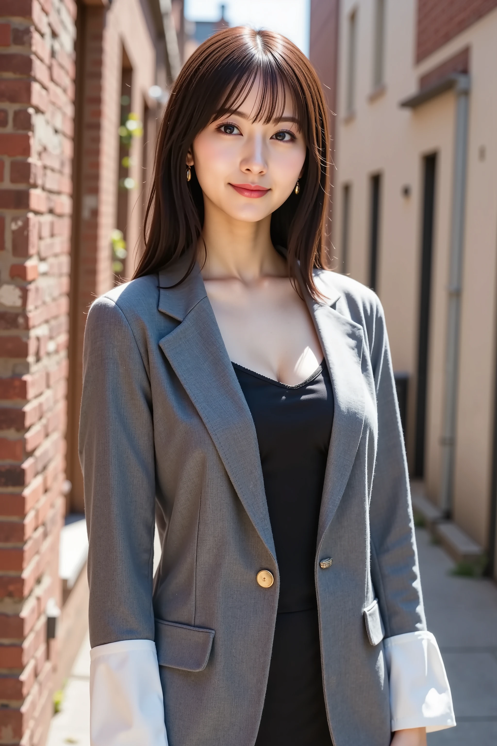 firm and big breasts, cleavage, A realistic photographic composition framed from just below the shoulders of a female professional standing in a narrow urban alley, ensuring her entire head is fully visible within the frame without any cropping at the top edge. She wears a tailored mid-gray blazer made of wool blend with crisp white lapels and pocket flaps edged with topstitched seams, the single brushed gold button closure resting at her natural waist and creating soft tension folds. Beneath the blazer is a matte black silk blouse with a subtle scoop neckline just below the collarbones, its smooth drape and slight sheen rendered in lifelike detail. The blazer sleeves end at the wrists, exposing white cotton shirt cuffs fastened by small mother-of-pearl cufflinks, the cuffs showing fine stitching and gentle creases. A light breeze lifts the lapel edges gently, creating natural movement and subtle fold variations across the fabric. Her hands hang relaxed below the frame edge, fingers slightly curved. Behind her, the alleyway extends into the distance. On the left, weathered red brick walls reveal faded mortar lines and sprouting ivy; on the right, a pale stucco façade with wrought-iron window grilles and a recessed doorway. Stainless steel drainpipes rise along the walls, and overhead, utility cables crisscross between buildings, casting linear shadows. A patch of bright sky is visible above distant rooftops. The scene is captured using an 85 mm equivalent prime lens at f/2.2 on a full-frame sensor to produce a shallow depth of field: the subject remains sharp while the background dissolves into smooth circular bokeh highlights. The camera is positioned at eye level, parallel to her eyes, maintaining realistic perspective and a sense of presence. Natural mid-morning daylight provides soft even illumination, casting subtle highlights on fabric and brick textures while preserving gentle shadow transitions. The dynamic range preserves ful, firm and big breasts, cleavage