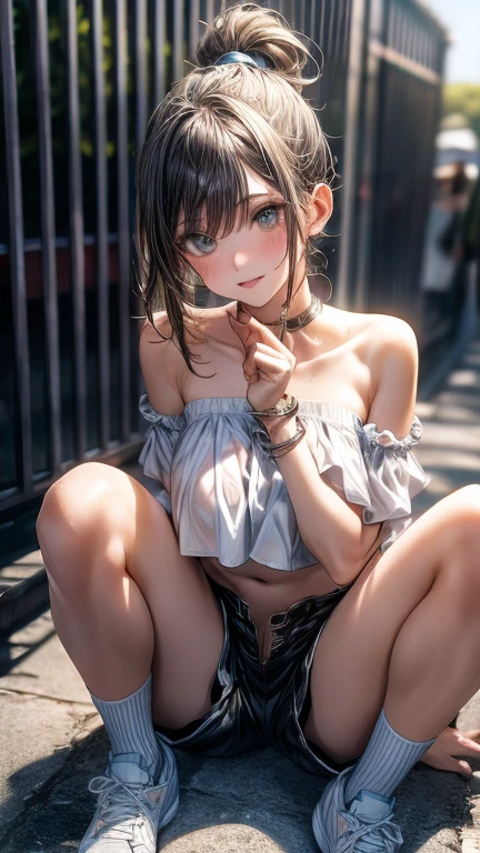 ((top quality, 8k, masterpiece: 1.3, ultra hd, high quality, best quality, high definition, realism)), sharp focus: 1.2, Everyone will be captivated, You are the perfect and ultimate idol, Kinwa does not appear, Reincarnation of the most star, I love you with that smile, Everybody will captivate him, His eyes are the words, Even if it's a lie, it's a perfect eye, lone female idol lying on the ground in an apocalyptic landscape, Very cute 24 years old, Torn open shirt and short shorts, Beautiful woman with perfect body with 9 heads body, Photorealistic perfect body, Slim figure, Slender abs, Sexy bumps with big breasts, Chest with bumps: 1.5, Emphasis on cleavage, Small ribbon on chest, Frightened look, Brown hair, Highly detailed face and skin texture, Detailed eyes, High detail, Anatomically correct, Seen by a large group of men, Portrait photography: 1.5, Blurred background, Rich colors, Fine details, Natural blur,