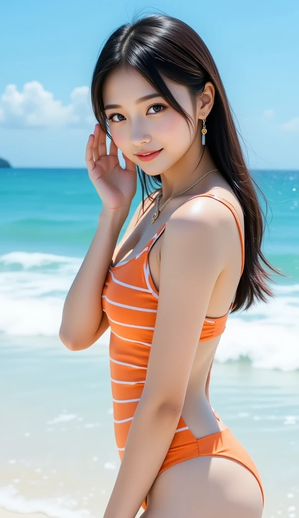 Japanes girl、Girl in her 20s、perfect chest、flawless skin、Wet hair、perfect、Dark hair、bangs、brown eyess、polish、Transparency、Luminous、a sea、beach、Bikini in pastel colors、Strong sunshine、behind from、buttock、