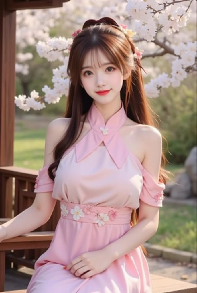 (1girl:1.3), Solo, __body-parts__, Official Art, Unity 8k Wallpaper, Ultra Detailed, Beautiful and Aesthetic, Masterpiece, Best Quality, RAW, Super Fine Photo, Best Quality, Ultra High Resolution, Photorealistic Photorealism, Sunlight, Full Body Portrait, Amazing Beauty, Delicate Face, Vibrant Eyes, (From the Front), Detailed Face, Gorgeous, Highly Detailed Skin, Realistic Skin Details, Visible Pores, Sharp Focus, Volume Fog, 8K uhd, DSLR, high quality, film grain, fair skin, photo realism, brunette hair, brunette hair, breasts, open eyes, split sleeves, skinny, transparent, pink, dress, transparent panties, pink, twisted braid, long braid, jewelry, gold accessories, gorgeous accessories, complex, delicate lips, long hair, medium breasts, outdoor, closed lips, petals, peach blossoms, rabbit ears, pink rabbit ears, standing, dynamic pose, upper body