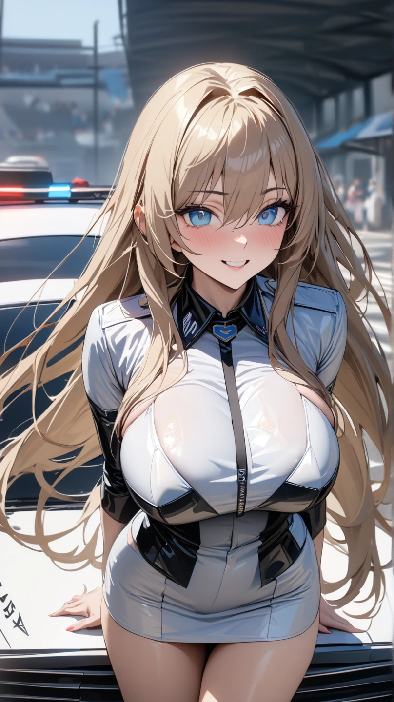 Shiny skin:1.5,Sexy beauty、Cool adult woman、Beauty、Perfect Face、Perfect body、Platinum Blonde Hair、Sexy body、Sexy police officer, (((Huge breasts))), (Slim and thick), (skinny), ((Very detailed)), (Realistic), 8k, (Body with accentuated curves), ((ponytail)), Tight suit, on the road, Assault rifle in hand, Police car behind, At night, Tactical Boots, (1 girl), Beautiful Face, masterpiece, (Cleavage), smile, Super Realistic