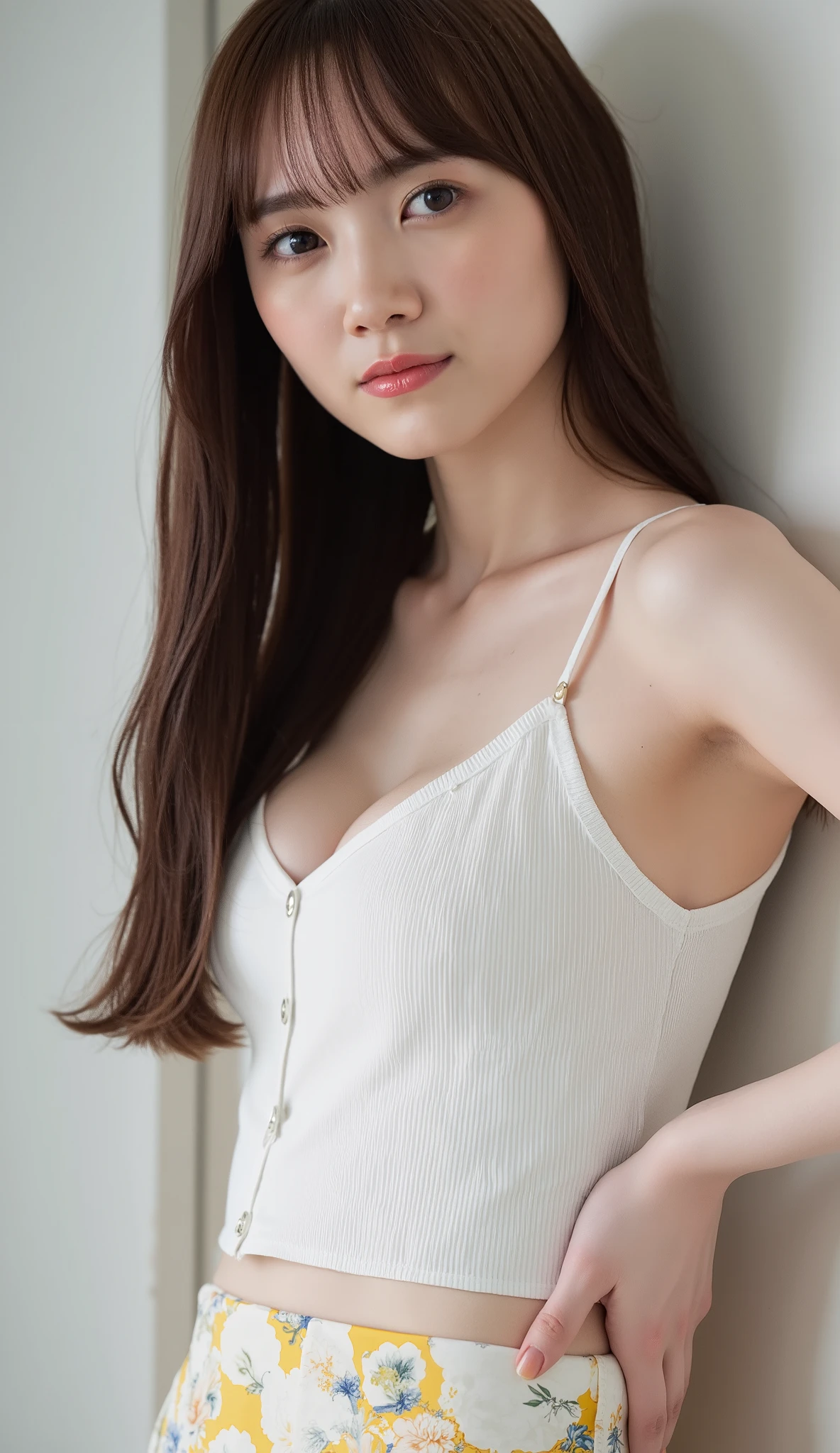 1 girl, 20 years old, young girl, Japanese girl, long hair, (I'm wearing a tank top with thin straps, plated mini skirt), Open button, button, photoshot, close-up, Natural Breasts, skinny, Chest, Attractive Faces
