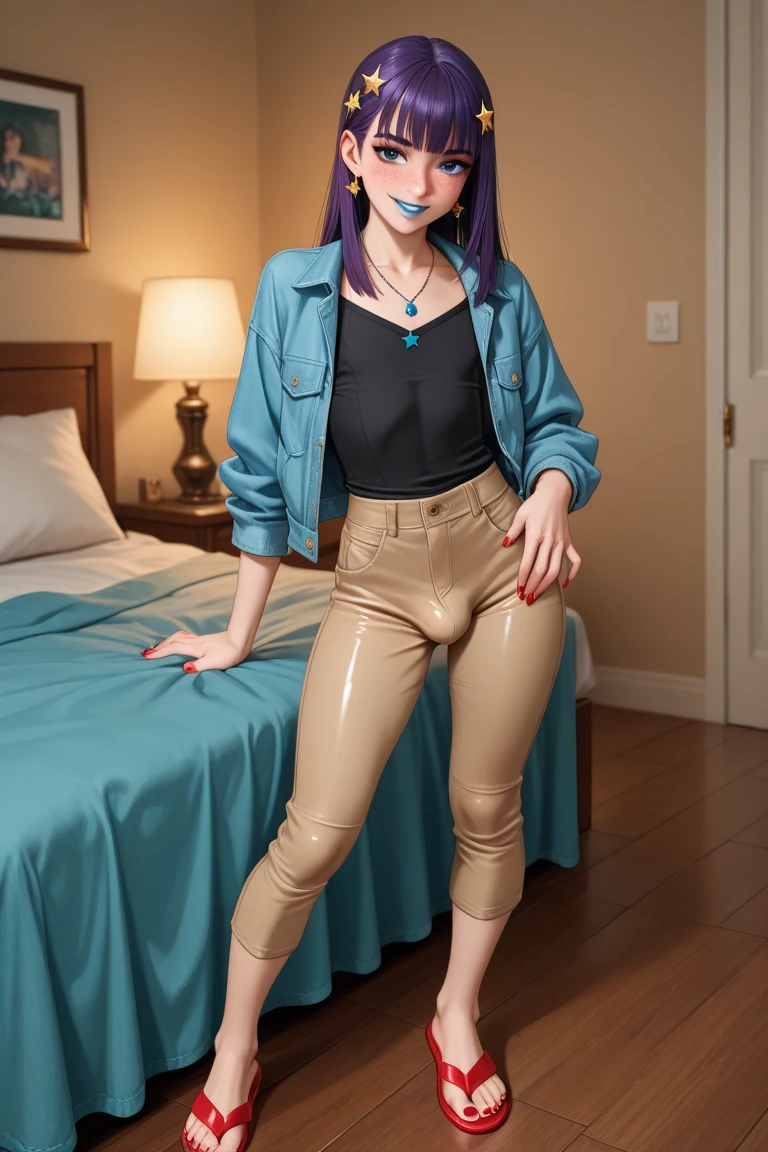 score_9,score_8_up,score_7_up,score_9,score_8_up,score_8,ultra detailed,beautiful face,beautiful hands,detailed background,detailed face,4k,HD,8k,highres,antialiasing,detailed, Raven, 1girl,solo,looking at viewer, dark purple hair,medium breasts,purple eyes,grin,leotard,bodysuit,covered navel, cowboy shot,room,room background, squatting, inflatable body, inflatable skin, latex skin, shiny skin, rubber skin, plastic skin, inflatable hair, plastic hair, shiny hair, rubber hair, latex hair, futanari, horse cock futanari, horsecock, cum dripping from tip of cock into condom, cumming into condom, cumming, comdon filling, grabbing own cock, huge condom, condom balloon, transparent green condom full of cum, whole character in view, hard nipples, dark purple latex thigh-highs, platform heels, extra tall platform heels, dark purple latex elbow gloves, unmoving, plastic doll, 3d style, blender style, source film maker style, sfm style, sfm, blender, blender 3d, sfm 3d, 3d style, Raven, grey skin, ahegao, cumming, toothy grin, big smile, huge smile, plastic smile, inflatable face, plastic face, latex face, reflective face, plastic covered face, enforced smile, forced smile, eyes rolling back, permagrin, permasmile, permanent smile, permanent grin