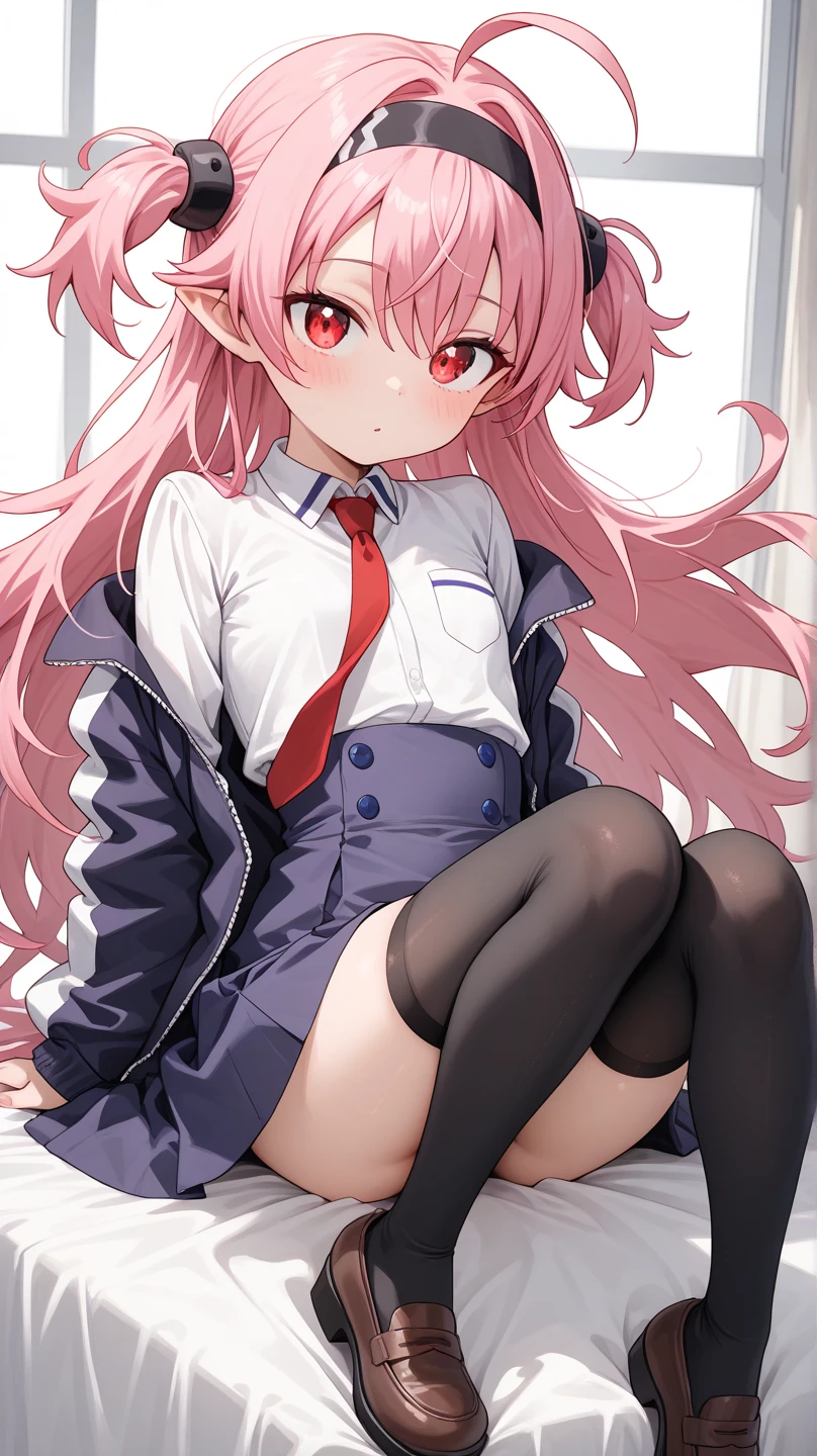 solo、wearing a school uniform, Whole body、Young face、long Hair、long Twin tails、Spoiled brat、Immature body、（Small breasts）、smile、（Sweat）、（Thick thighs:1.5)、（little demon horns and tail）、red  eyes、Open mouth、double teeth、fang、blushing and sticking out her cute tongue, tongue out、sensational、Character portrait, （spread eagle position）、（M-shaped leg spread）、(School classroom)、sexy panties、school socks、Sit on the desk、Clothes come undone、Taking off clothes、sexy lingeries