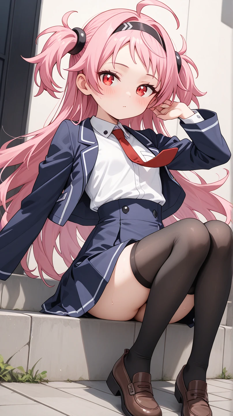 1 girl, Selene, Skirt, school_uniform, Tie, Twin tails, Long hair, Jacket, Blazer, Indoors, School, Pink hair, Gradient hair,Panties from back from front,Sit-in,