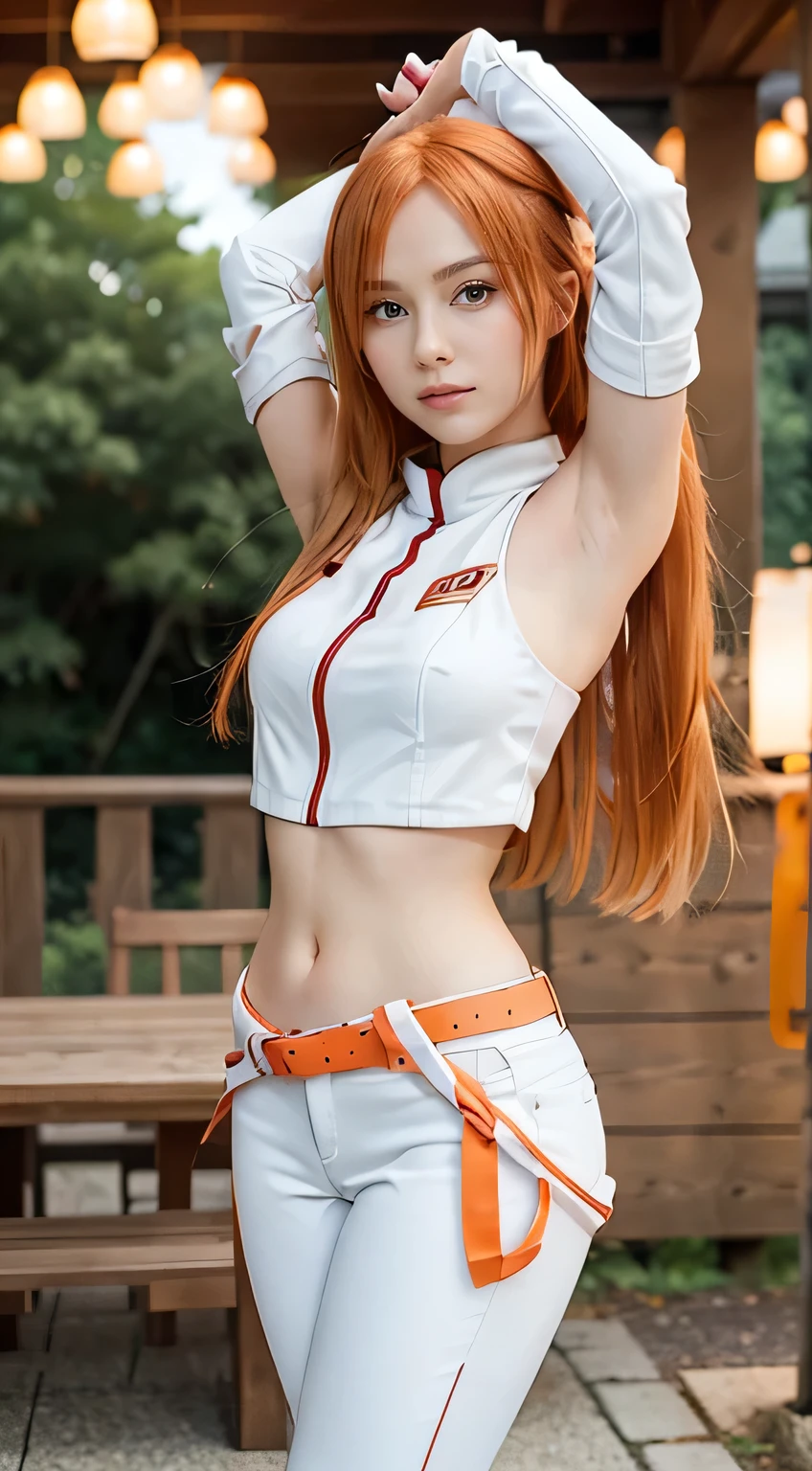 masterpiece, Highest quality, One girl, Has long orange hair and orange eyes、Anime girl in white armor and white pants, Yuuki Asuna from sword art online, Yuuki Asuna, Show both armpits, Armpit details, Detailed face, Detailed eyes