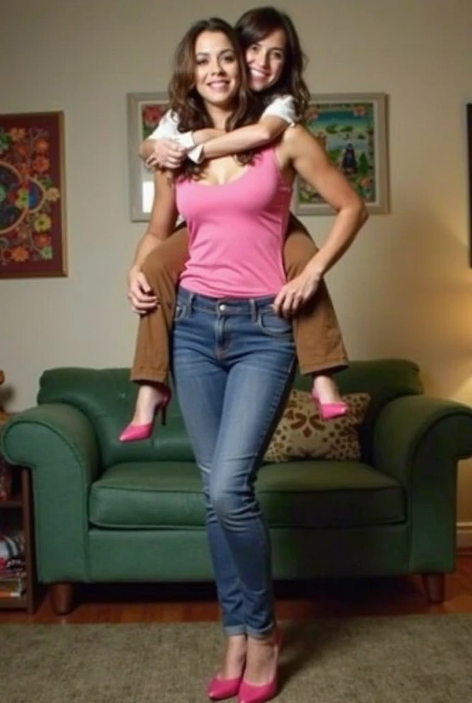 12-year-old Caucasian boy smiling lifting and carrying two beautiful 35-year-old women