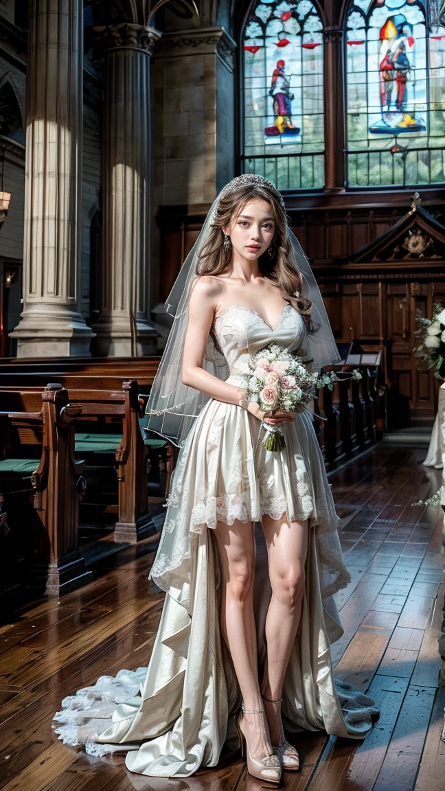 ultra realistic photo, full body, standing, of a beautiful woman from Indonesia, 20 years old, dark background, she is wearing a white bra, her feet and hands are wearing bridal stockings, her long black hair is blowing in the wind, her head is wearing Wedding veil a bridal ornament, perfectly proportional body. Sad face and sharp gaze, hands holding flowers. Soft lighting, front lighting, lighting focus on models