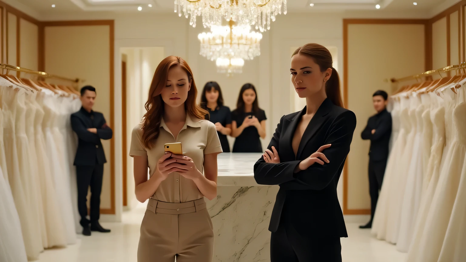 A cinematic medium shot in an upscale bridal boutique called "Maison Clair de Lune": on the left features a young woman in simple beige polo and tailored trousers, holding up her smartphone, her auburn hair softly lit; on the right shows a woman boutique manager in a fitted black suit with arms crossed and a steely gaze. Behind them at a marble-topped counter, three staff in black smile and film on their phones. Golden racks of white wedding gowns and a glowing chandelier overhead complete the scene. High-key, soft overhead lighting; palette of pastel neutrals--cream, beige, off-white--with stark black accents; warm highlights on hair and wood; shallow depth of field; polished, dramatic stock-photo style