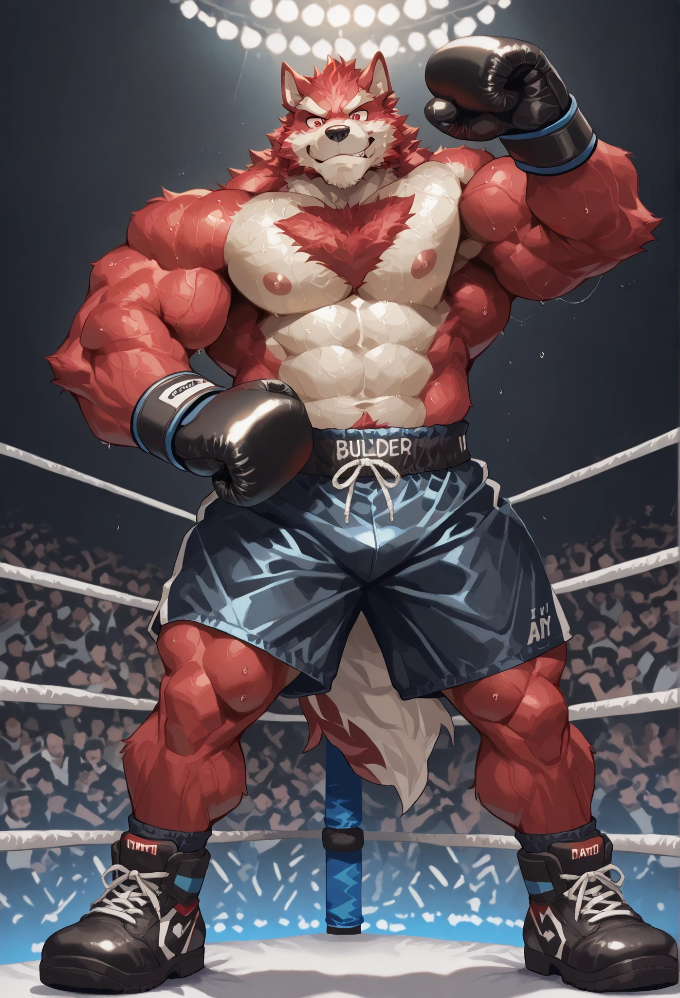 4K, masterpiece quality, pov_boxing, Looking down on the losers, black boxing shoes, dark navy boxing gloves, navy black boxing shorts with gold side lines, full body, depth of field, boxing, proudly pose, hands on hips and one arm raised pose, boxing ring background at midnight, diederich olsen, wolf heavywait boxing champion, gay, furry male, red fur, red eyes, red public hair, bulging heavy muscular, thick veiny arms, carmly looking down on loser, carmly expression, cool smile, bedroom eyes, large pectorals, sweaty body, Angle of the loser looking up from directly below,