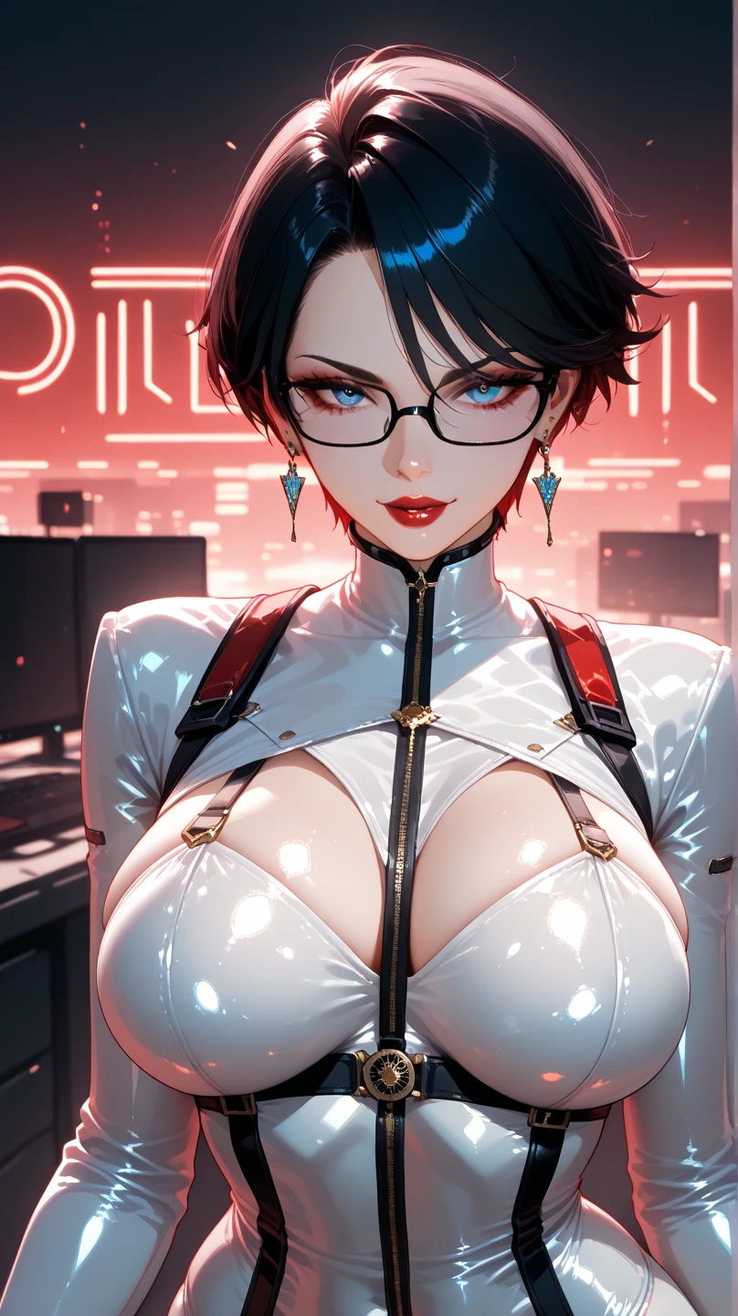 Beautiful girl,Korea, sitting on red light neon, futuristic,
 18 years old,Short hair, shoulder length,black hair, big breasts,wet, sweat, camel toe, red lips ,Wear glasses,
White underwear, sexy pose,
 red eyes,  Behind the scenes of the high-tech world, Squat and spread your legs. Sexy lady,