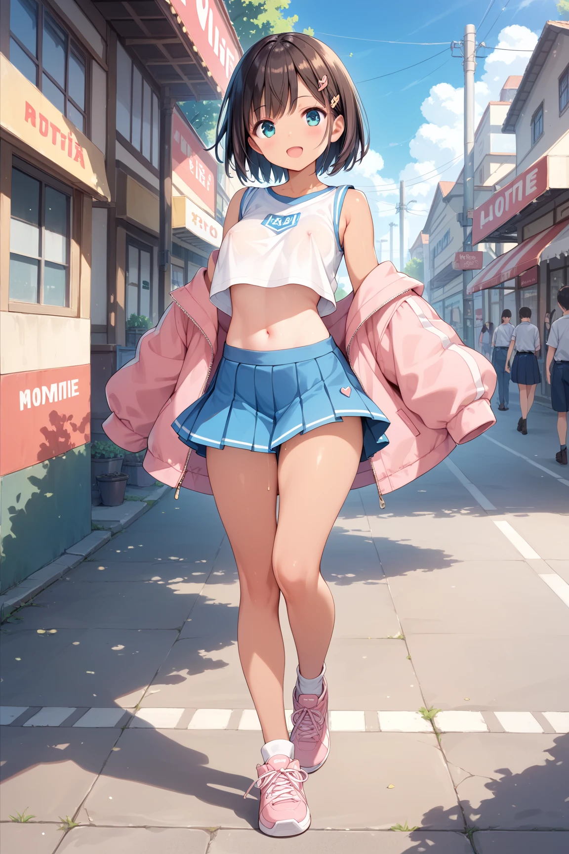 Tomboy, Random Fashion, Random Location, Random Event, Wet Panties, Random Cute or Sexy Poses, Appearing Cute, Random Horny Mood, Cracked Inside, Windy Atmosphere and Actions in the Picture, Hair and Clothes, Full Body, Centered, Very Short Skirt,
