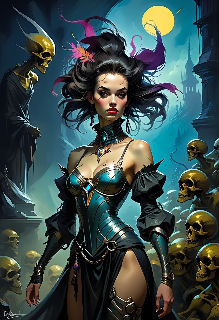 woman 30 years old, witchcraft, magician,magic clothes, where poison potions and vines abound, a woman (ruthless), short black hair (black hair), (bangs), (purple eyes), looks at you amidst a pile of bones and skulls. Indifferent look , merciless. among the skulls, dancing with a man, Angry face, dinamic poses, egoist smile,