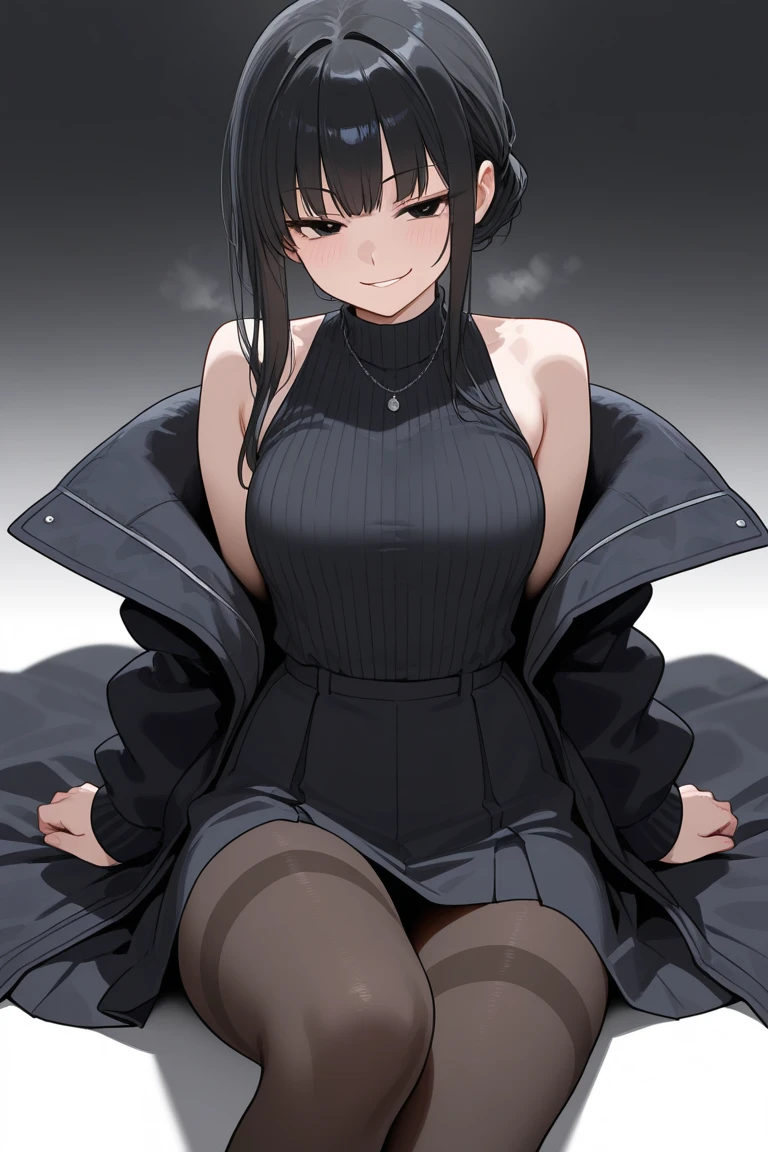 garota com cabelo comprido, cabelo preto e mechas roxa, cabelo cumprido, black hair ((cabelo preto)), garota com vestido preto de rendinha, sensual pantyhose, roupas normais modernas, roupas comuns, hide your hands atras das costas, hide your hands