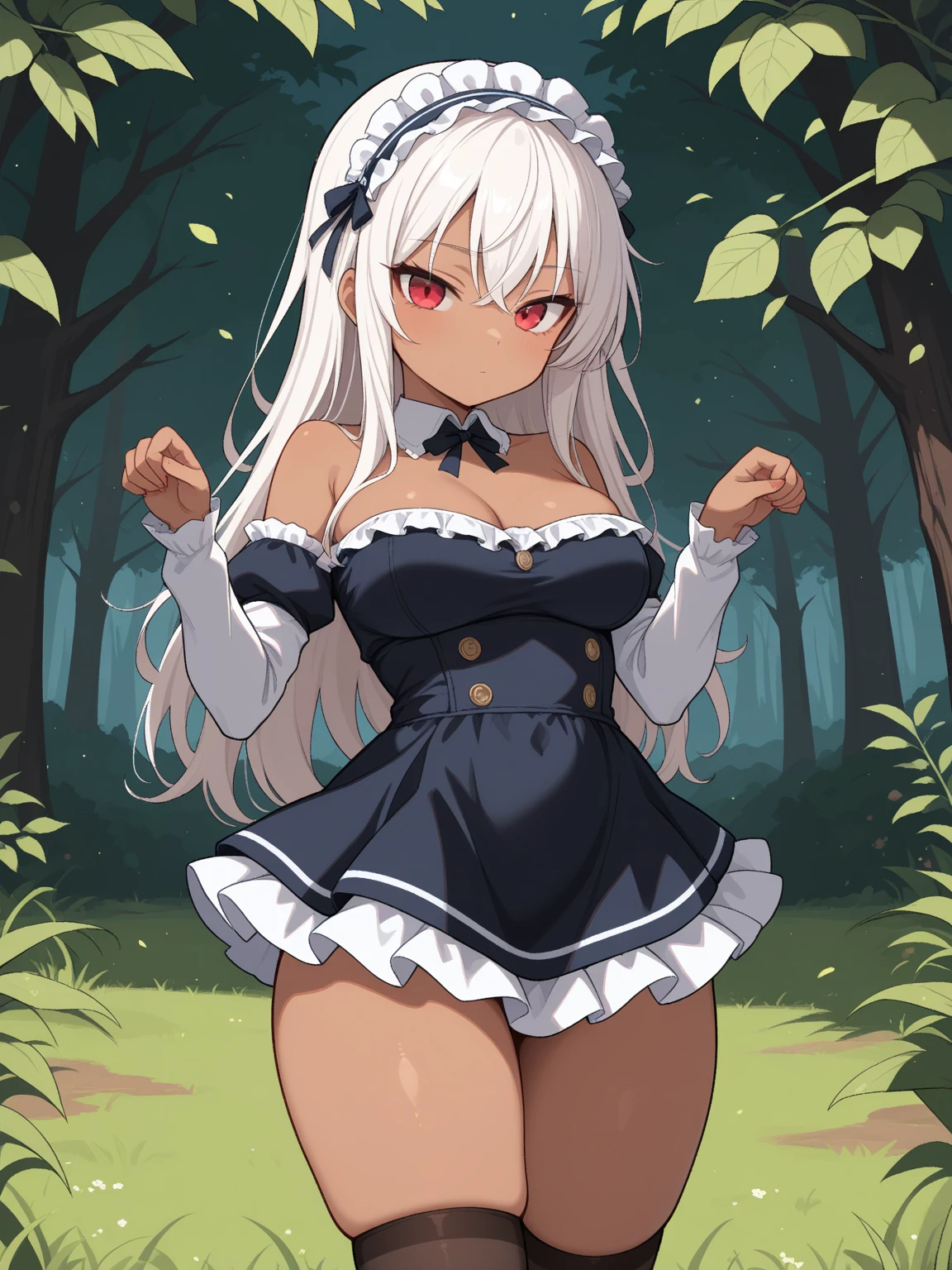 1girl, solo, breasts, wide hips, blush, blushing, horns on head, demon tail, red black and white background colors, large breasts, dynamic angle, sharp focus, standing, heterochromia, 8k resolution, sun dress, see through clothes, white, sun hat, outdoors, countryside, trees, rain,