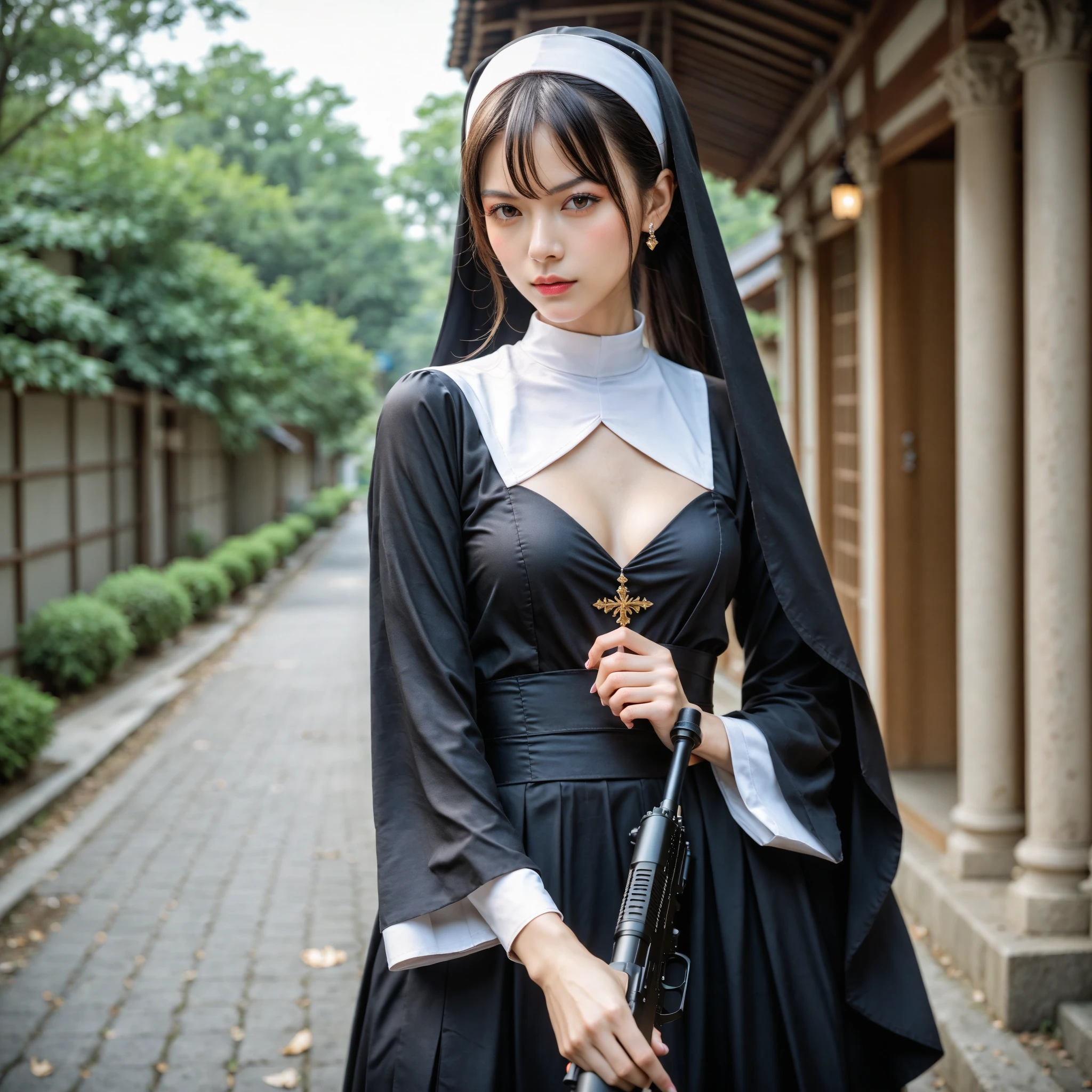 (Orgasm:2.0),(A Ultra cute young Japanese nun:2.0),(she wearing a decorated with lace nun costume and scart slim fit:2.0),(beautiful detailed dropped eyes:2.0),beautiful detailed lips, (extremely detailed cute and beautiful face:2.0), longeyelashes, (slender woman body:1.5), (beautiful short hair:2.0), (natural makeup,big smile:1.5), incredibly beautiful skin,(professional lighting, bright lighting, photorealistic, 8k, high resolution, best quality, masterpiece, ultra-detailed:1.75), vivid colors, (Moonlit Night:1.5),(The moonlight shines on her face:1.2),(She is in the convent:1.2)
