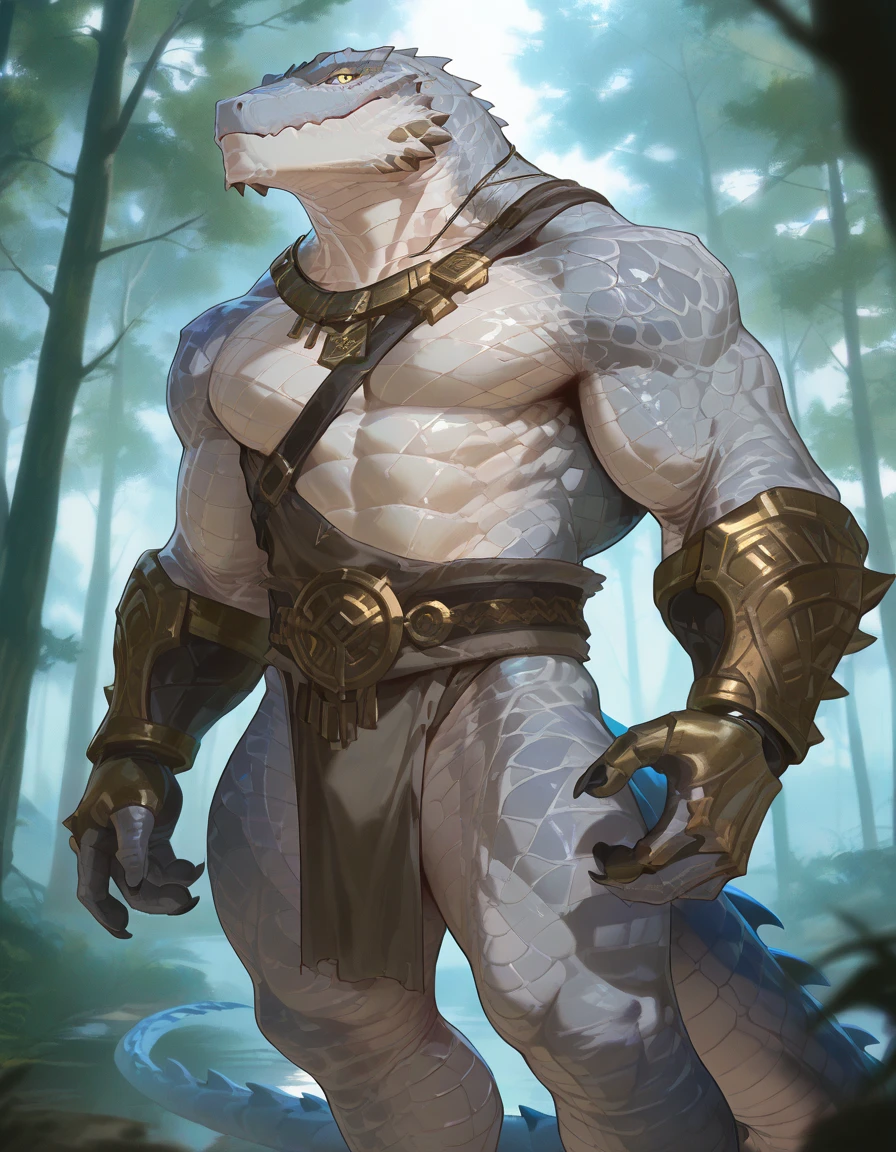 masterpiece, best quality, amazing quality, very aesthetic, absurdres, newest, scenery, extreme detail, 8k, detailed eyes, yellow eyes, by Riolutiny, anthro, reptile, male, scalie, lizard, solo, extremely detailed scales, yellow eyes, bara, the Blue tongued Skink and the Blue tailed skink hybrid, gray body, glowing neon blue tail and maw, thick tail, wide chest, glowing iris, strong, muscular, thick scales on arms and legs, proporcional body, wide chest, trapezoid body type, armored, tribal tattoos on the body, wearing loincloth, marked jaw, forest background, looking at viewer, front view, Kroxigor, scifi, mechanical limbs1:3