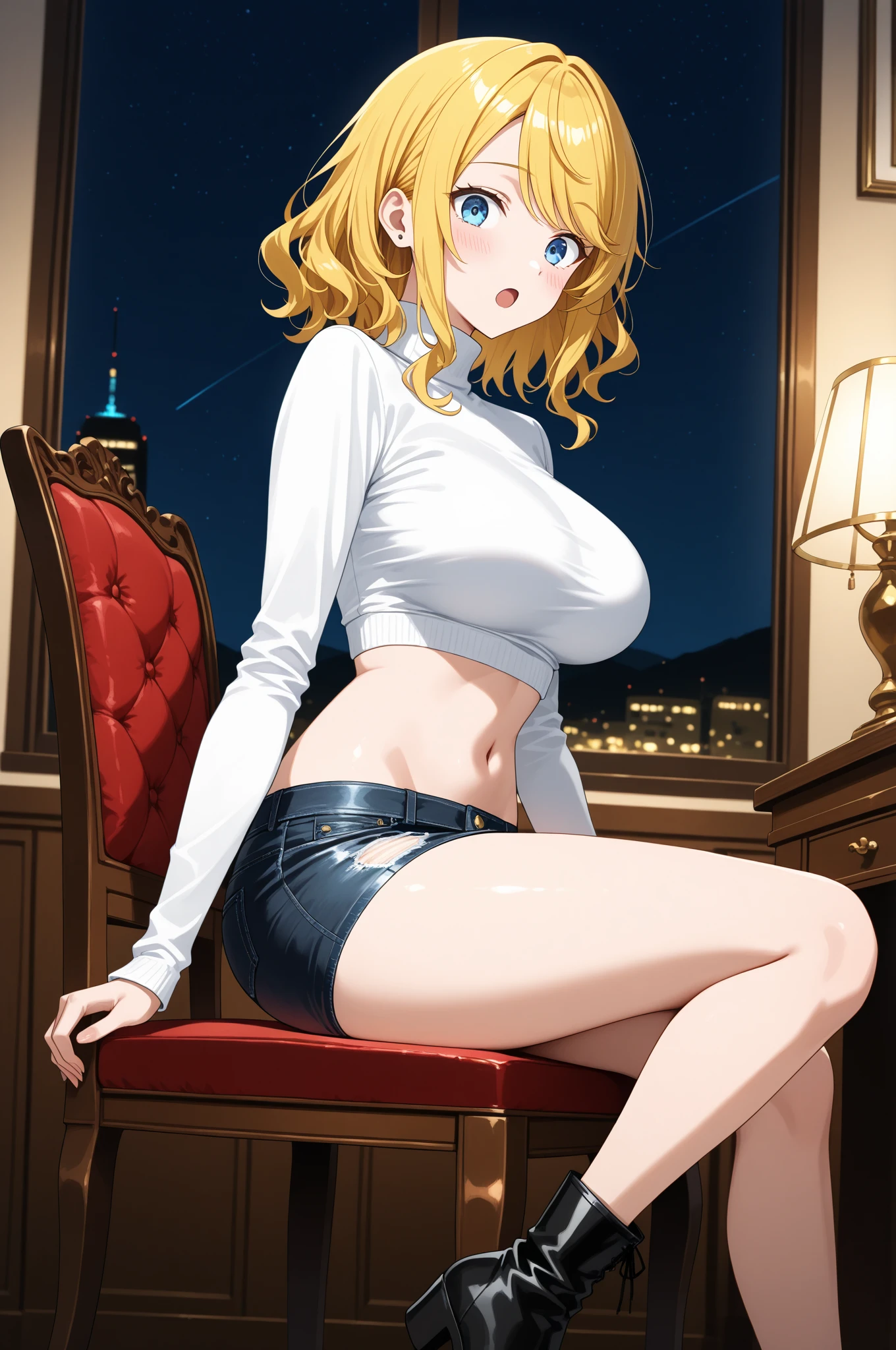 masterpiece、top-quality、detaile、1girl in、(a blond)、(a beauty girl)、cute little、(verd s eyes)、(eye lashes)、(huge-breasted)、(cleavage of the breast)、(white shirt:1.2)、(Open shirt)、sitting in the couch、abajour、window、natta、Delicate interior design、(bbw)