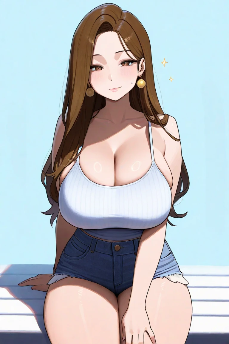 1girl,White tank top,sleeveless,denim shorts, short shorts,belt, necklace, earrings, high heels, bracelet, orange hair,very long hair,wavy hair,wristwatch,midriff,tied shirt,tsukioka kogane, beautiful navel,strap slip,bra strap,panty strap,beautiful navel,teenage, collarbone, huge breasts,perky breasts,bursting breasts,huge ass,slimy,evil smile,curvy,mature body, large aerolae,cleavage,wide hip,narrow waist, tight waist,thick thighs,thighs,tight,Shiny hair,shiny skin,skin tight, sexy,slender body,slim legs, looking at viewer,solo focus,standinasterpiece))), (((best quality))), ((ultra-detailed)), (detailed light),((an extremely delicate and beautiful)),beautiful detailed eyes, perfect composition, perfect anatomy,(((Beautiful thighs and legs that are very supple and chewy))),detailed face,see through clothereast exposure), (hanging breastreasts apart), cowboy shot,(detailed white tank top),(perfect proportion),beautiful detailed clothes, perfect finger,{{{{extremely detailed body}}}},thigh gap,proportional huge breasts,Highly detailed women,fine detail, beautiful body, Beautiful Finger,Beautiful long legs,Beautiful body,Beautiful Nose,Beautiful character design, perfect eyes, perfect face,