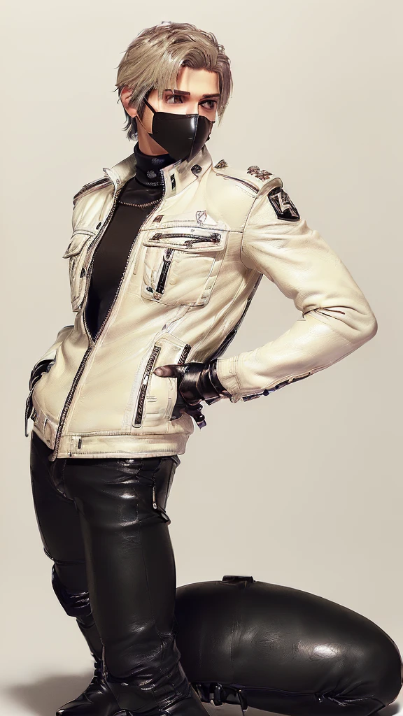 Final fantasy taste and reality graphics, ((Japanese young cute and cool ikemen  boy)), his age is early 20s, thin eyebrows and beady eyes,  ((he wearing off white color leather  thick and heavy material jacket)), ((jacket is singlebrest)), ((biker style jacket)), ((jacket is large size)),((with epaulet)), ((jacket is long sleeve)), ((zipped front of the leather jacket)), , ((voluminous leather jacket)), ,((must jacket is high length and stand-up collar)) ((jacket collar with two belts)), ((jacket is a little black color line pattern)), ((also wearing black thick material turtleneck lackluster shirts)),  ((tight black leather pants)),  ((put black leather tight and thin glove on both hands)), ((black leather knee-high raceup boots)),((must views  head-to-toe)),((must views whole body)), ,((Do not show skin from the neck down)),leather jacket leather glove and leather pants have few wrinkles, Avoid showing your innerwear,zip up jacket fastner.must put on a leather glove.
Boy is black hair.boy looks like fashion model.
