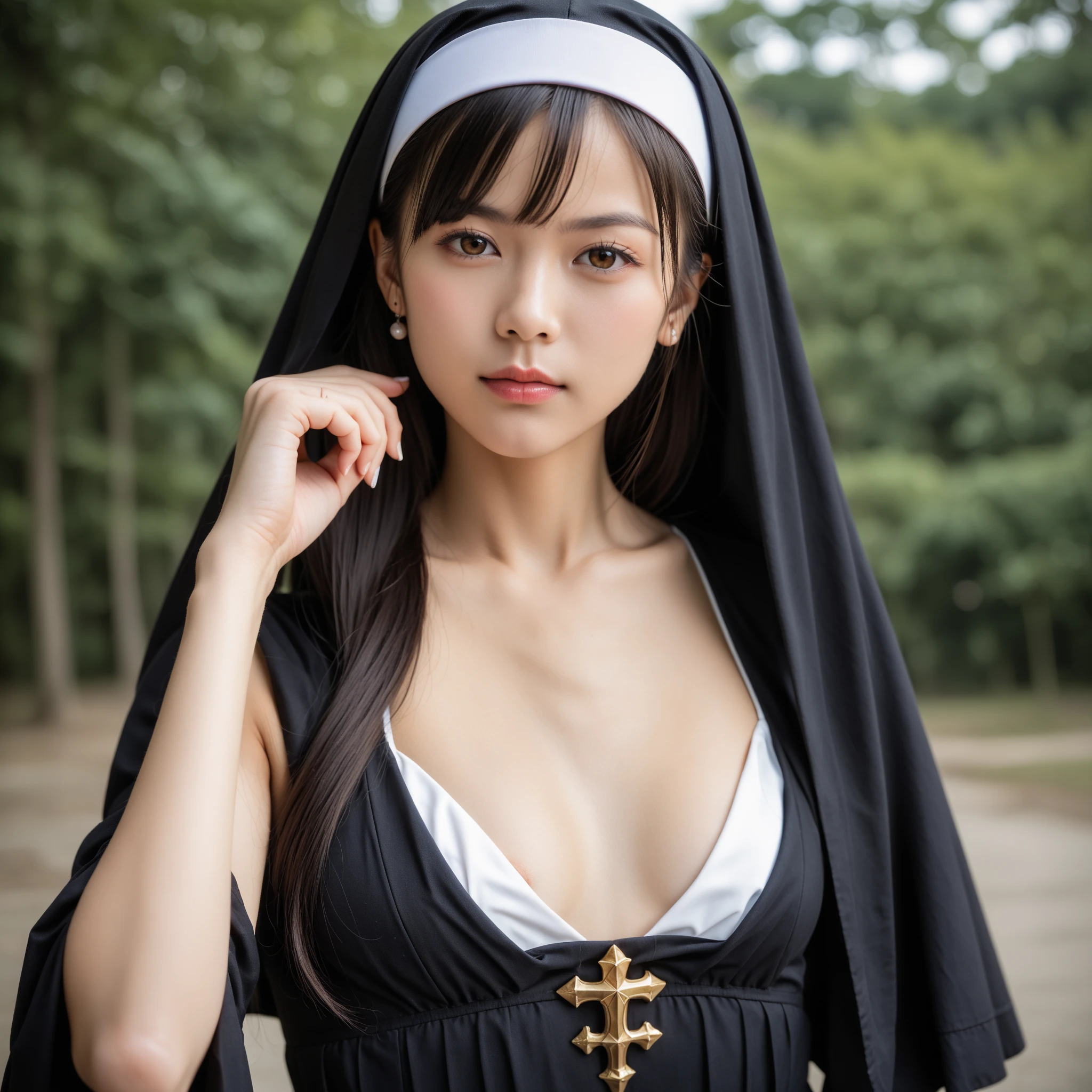 A 17 year old girl, long black hair with bangs and long front locks, with blue eyes, pale skin, big hips and wide mules, huge breasts. With a smile and a friendly expression. dressed as a nun, with a neckline