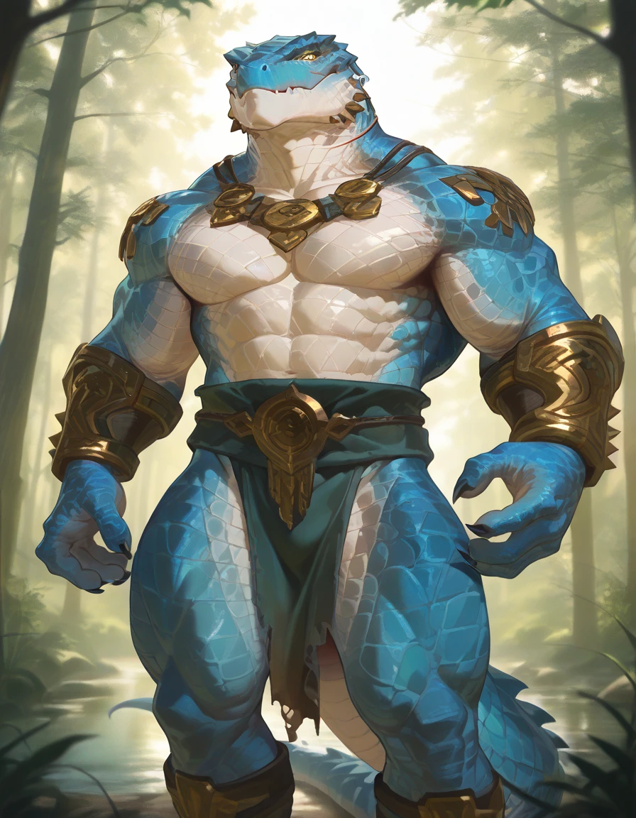 Male blue lizard anthro knight holding a large two-handed sword over his shoulder, Posing, Alone, arrogant expression, masterpiece, Best Art, Whole body, by taran violinist, detailed eyes, detailed body, claws, high, top-less, Pecs, ABS, Nipples, shoulder pads, squatting posture