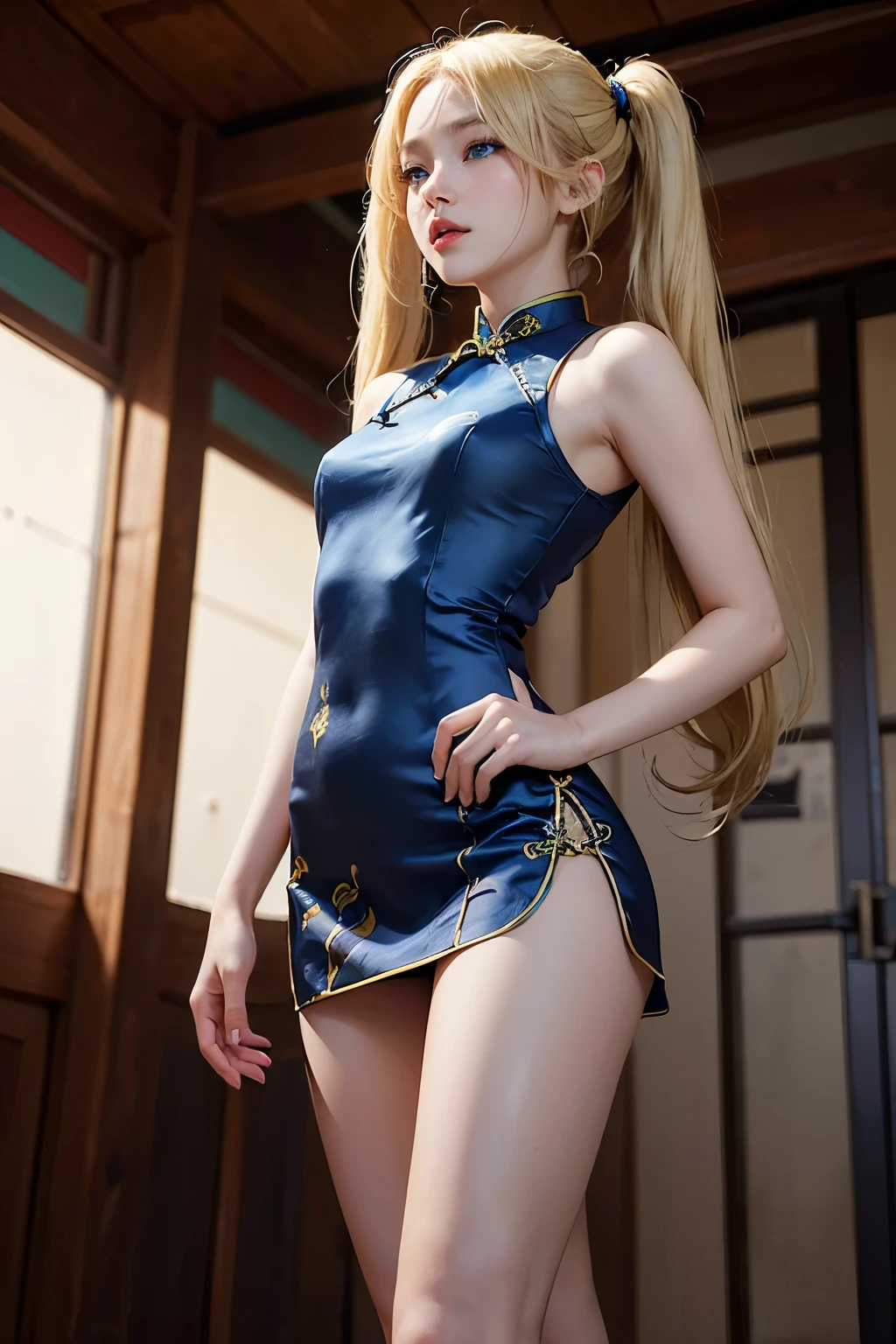 (full body:1.5),(((only one girl)):1.4),(view the viewer:1.4),((anatomy correct):1.45),(((dancing in the palace, Perfectly integrated background))):1.3),(she wears large glasses and Holding book in her hand:1.2),(shy:1.15),((red cheongsam's set):1.2),(((((((patterns)))))) ,((thick pantyhose)):1.3),(((tattoo)):1.3),( Uniform high heels leather shoes with bows for female students:1.1),((Long legs and large chest):1.3),((((colorful))):1.4),(Accurate and perfect face:1.3),((blonde):1.2),hyper HD, Ray traching, reflective light, structurally correct, Award-Awarded, high detail, lighten shade contrast, Face lighting ,cinematic lighting, masterpiece, super detailing, high quality, high detail, best quality, 16k,High contrast,
