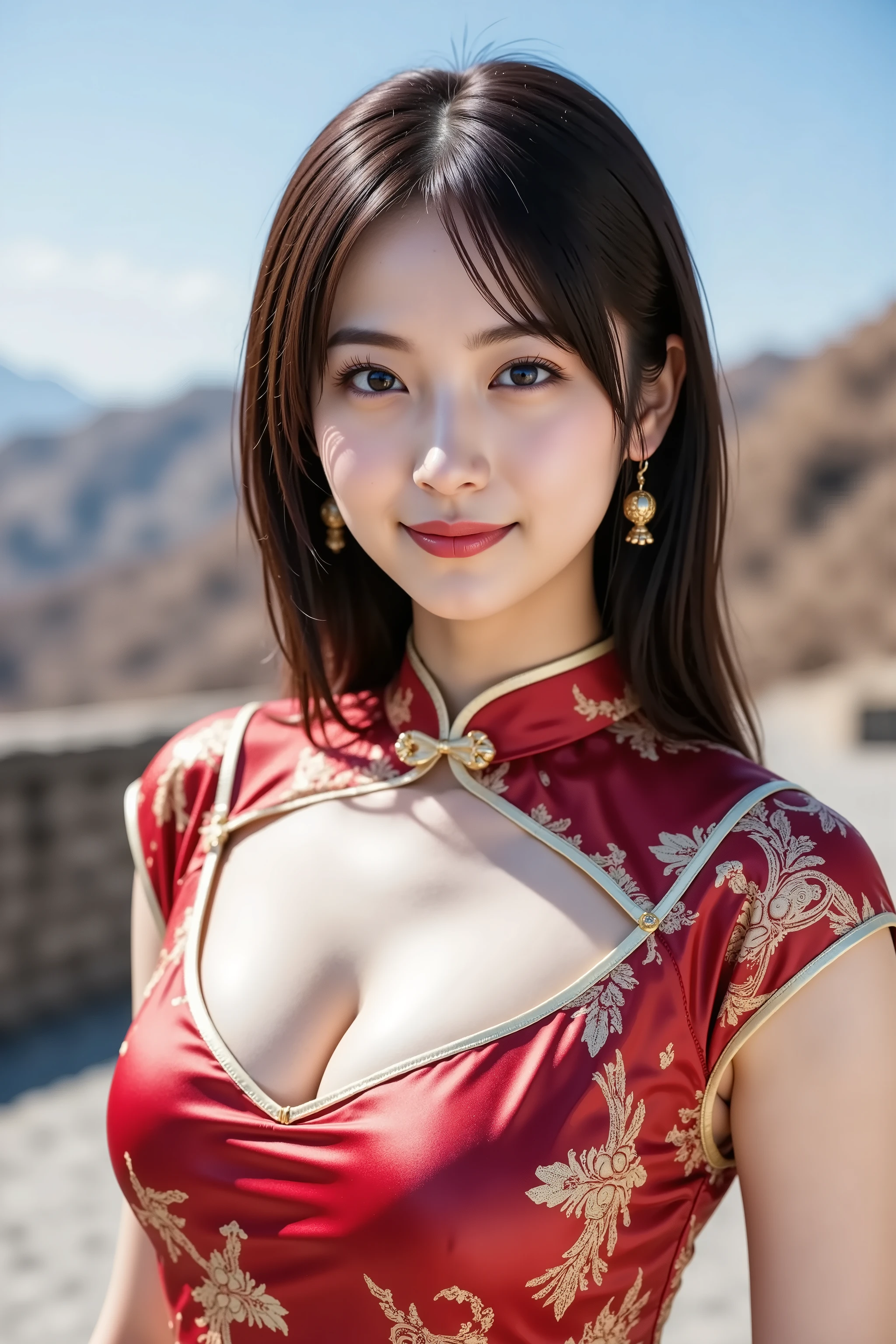 firm and big breasts, cleavage, A realistic photographic composition framed from just below the shoulders of a female subject wearing a traditional Chinese qipao cheongsam top in a martial arts pose, ensuring her entire head is fully visible without cropping at the top. She stands with a balanced kung fu stance, right arm extended in a horizontal warding block at chest level and left fist drawn near the waist, the torso showing a subtle twist beneath the fitted silk fabric that accentuates her ample bust and creates a deep cleavage line between gently curving contours. The snug qipao cut across her décolletage lifts and supports her breasts like a built-in corset, with underbust seam lines adding precise shape and natural tension folds radiating from the center of her chest. A light breeze caresses the silk, causing slight ripples across her bust that catch specular highlights. The qipao is crafted from glossy red silk brocade woven with gold phoenix and peony motifs, featuring a high mandarin collar fastened by knotted frog closures, cap sleeves ending just below the shoulder seams, and side slits revealing piped edges along curved panels. The fabric displays a fine satin weave sheen and subtle brocade texture catching specular highlights across gentle folds, especially along pressure points of bust, waist, and hips. The tightly tailored bodice emphasizes her curves just below the shoulders and flares subtly over her hips. Behind her, the background reveals the Great Wall of China winding over rugged mountain ridges under a clear blue sky, its crenellated stone ramparts and watchtowers receding into the distance amid dry grassy slopes. The background is softly blurred by a shallow depth of field created with an 85 mm equivalent prime lens at f/2.2 on a full-frame sensor, producing smooth circular bokeh highlights from sunlit masonry. Natural mid-morning daylight casts even illumination and gentle shadows across silk and stone surfaces, enhancing textile weave, broc