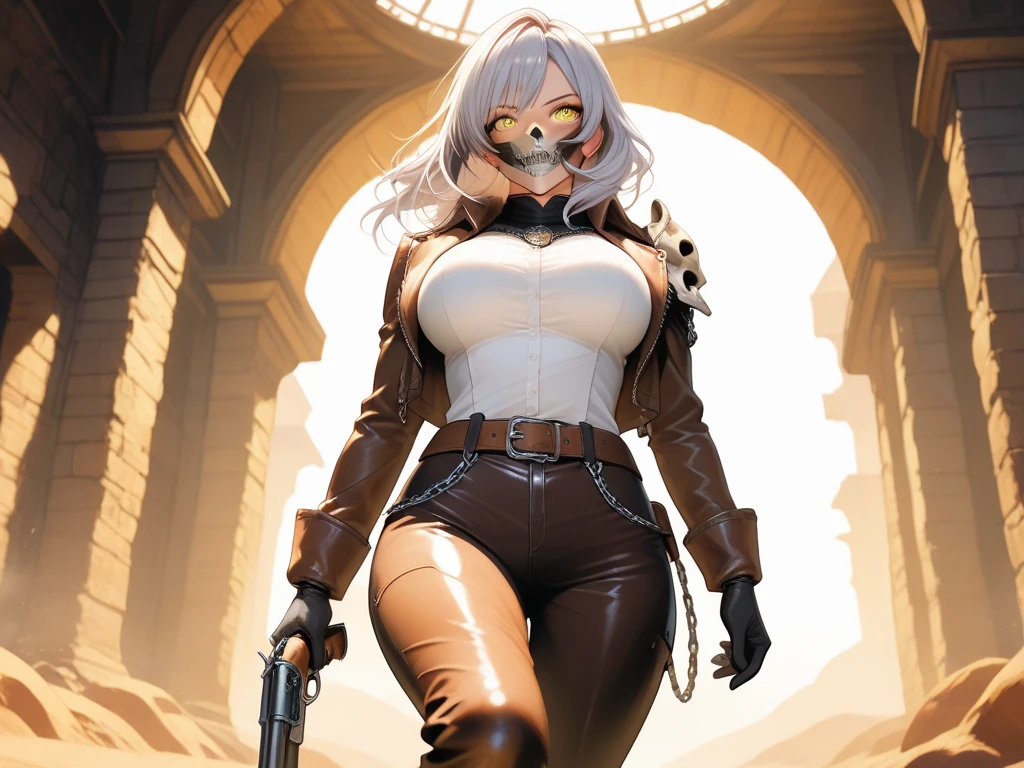 Un llamativo, highly realistic photo of a woman dressed as Pokémon Marowak and a large bone in her right hand, with a vibrant costume depiction and a desert backdrop .