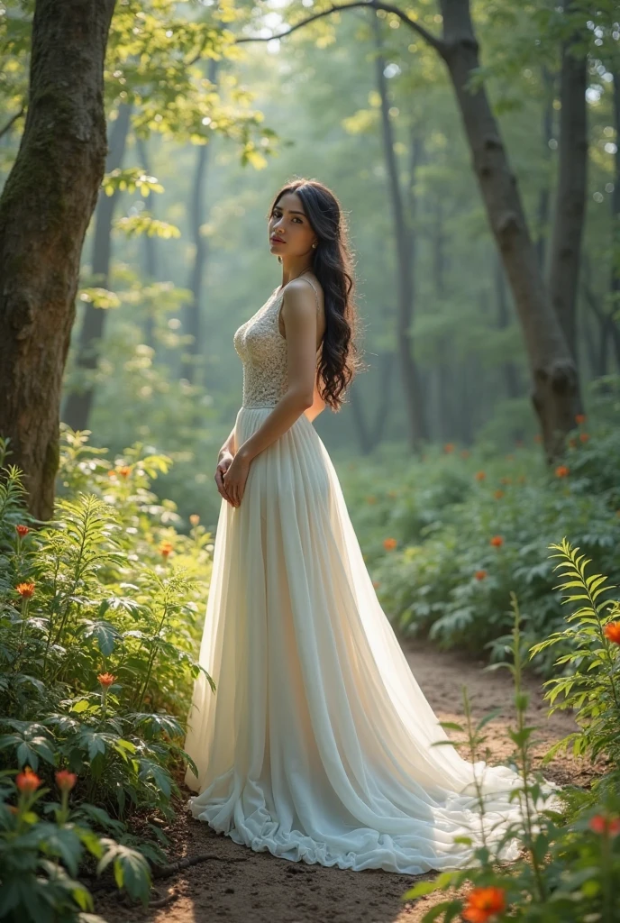 A girl in a wedding dress walks in the forest,Wear gorgeous high heels,white royal dress,background of the castle of Europe,god rays,(Neat one-word bangs,Ji Shi Fa,French braids, move chart, Atmospheric perspective, Cinematic lighting, tmasterpiece, Textured skin,Fine hair like silk,Every hair is clear,Red band,photo level,wide angles,entire body image,little breast,Smaller bust,flatchest,Seductive eyes,Glamorous temperament)