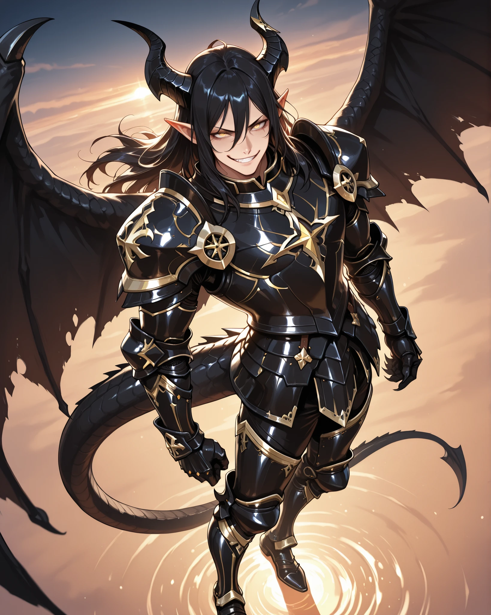 (masterpiece, best quality: 1. 5), highres, 8K, CG, (((Anime))), (1 male), lean body, (strong body, masculine), soaring in the sky, floating in mid-air, roam in the sky, flying through the air, visible flying in the sky, weredragon, (japanese anime style), glossy black, shiny black leather, ((beautiful golden eyes, finely detailed eyes, bright eyes, vertical iris)), hair between eyes, long hair, sideburns, wild hair, (sly grin, smirk, evil smile), teeth, confident, black hair, (ultra detailed face), shiny skin, long pointy ears, twisted torso, long-legged, sculpted face, wasp waist, dragon’s horn, dragon’s tail, dragon’s wings, dragon’s sharp claws, ((black armor with a lot of grandiose decorations)), half dragon half human, dramatic angle, dynamic posture, ultra detailed black armor, black armor with gold accent, all black outfit, whole body, emphasize face, sharp focus, oblique angle, good-looking man, well-polished black armor, charismatic pose, (best illustration), cinematic, glowing glitters, (intricate detail, super detailed, extreme detailed), pearly luster, (highly detailed artwork), dramatic shadows, wonderful pose, chiseled features, stark contrast, heavy shadows, detailed black decorations, beautiful and aesthetic, photoreal, from above, (mysteriously crafted black metal armor: 1. 5), sparkling accessories, thick and luxuriant hair, ultra detailed fantasy black armor, dressed in black, broad shoulder, sharp eyes, true-to-life visuals, artistically refined, dramatic contrasts, ((extremely delicate and beautiful armor, elaborate armor details)), (in a cursed dark armor: 1. 3), exquisite goldwork, wonderful black armor, armor with intricate engravings, (armor-type boots), ((detailed shoulder armor with intricate engravings, gold accent black armor)), (128K Ultra High Resolution), very gorgeous and dazzling, dark fantasy black knight, slim waistlines, wide chested, sinewy body, splendid scenery background, (((Hyper Detailed & Perfectly Designed Black Armor)))