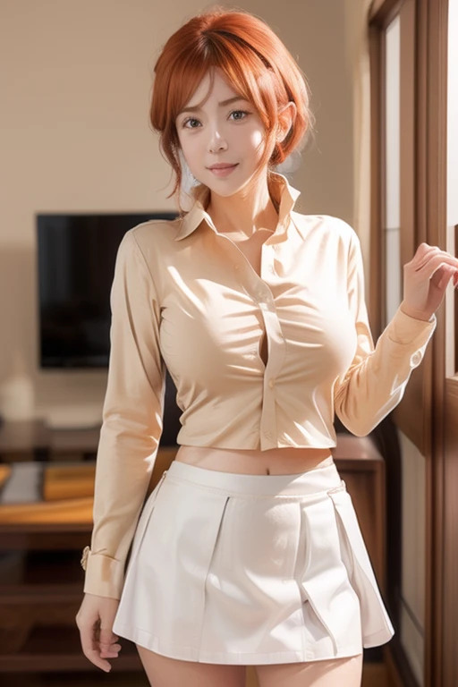 (((neat woman,(cowboy shot),(natural big droopy eyes:1.8,tareme:1.8,cheek:1.5),((((tempting leaning formard a little to viewer),arms behind back),(very :1.8,),(kind little smile:1.2),blush:1.8))),please touch me,eat me,tempting viewer,i want you))),(((blush,blush)))),(cinematic lighting), (Photo real:1.4)、(A hyper-realistic:1.4)、(Photorealistic:1.3)、 (gentle lighting: 1.05)、(Improve the lighting quality of your video:0.9)、 32k、25years old woman、photorealistic lighting、Back lighting、Facial Lights、Ray Trace、(bright:1.2)、(Increase quality:1.4)、 (best quality real texture skin)、Fair eyes,delicate face、 Close-up of the face,   ((((Wearing the tight orange waitress uniform,white collared shirt,(perfect collared shirt),orange underbust cotton vestorange pleated mini skirt),(braless)),high-heel:1.4))),(Bodyline mood improvement:1.1)、Glossy skin、good figure,perfect ,Beautiful actress,((((beautiful very huge soft :1.8),slender waist,slender hip,long slender legs,8heads tall))),(((8heads tall))),(((midium very wavy ponytail hair,elegant hair style))),(((sweat skin,shiny skin,in the awesome night misterious pub,mirror ball,dark,super clean night view,in the night))),