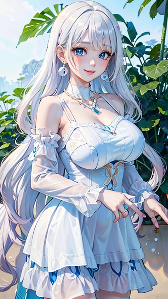 17 years old girl, White hair、Blue eyes、Illuminated by moonlight in a prison、Sadly、hightquality、Detailed details、Masterpiece、8K、a beauty girl、Dressed in a white dress、fishnet tights、耳环、a necklace