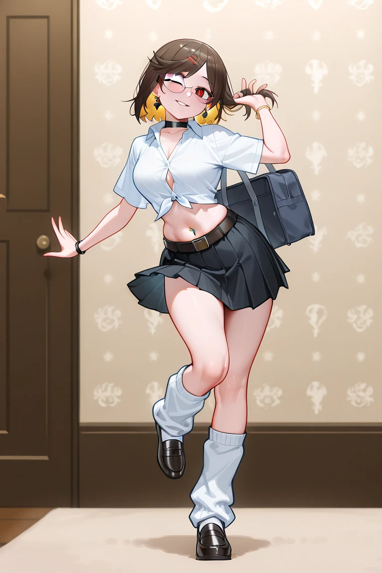kuwanamaki, black hair with brown highlights, red eyes, leaning forward, cleavage, open shirt, short skirt, grinning