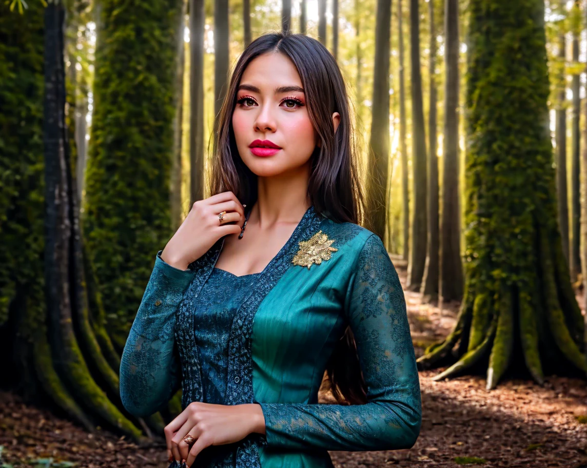 Create a photorealistic masterpiece of a beautiful woman with long hair wearing traditional Indonesian kebaya attire. Set her against a dark, forest backdrop with a captivating glow in the background and bokeh effect. Ensure the image quality is 8K with ultra-realistic details.,kebaya,kebaya indonesia