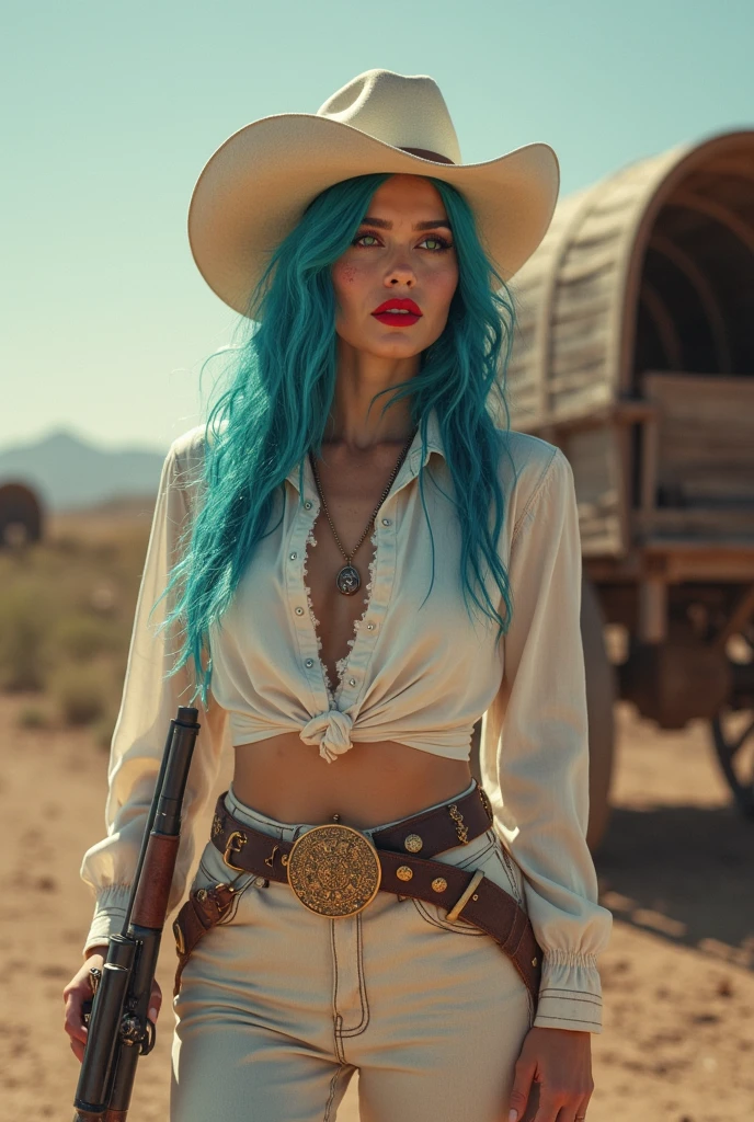 full body realism, a woman with long blue hair wearing black leather pants and a plaid shirt is standing next to a gun holster in front of a wild west landscape at sunset