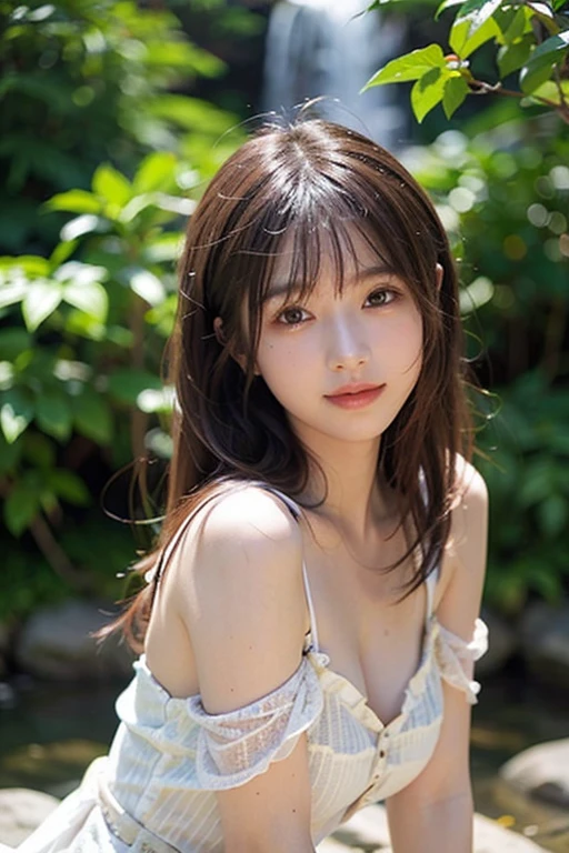 art by Cornflower, dreamy (A petite girl with beautiful and detailed eyes. The depth of field in the photo is perfect, the lens flare adds a nice touch, {{side big breast:2}}}, a soaky dress