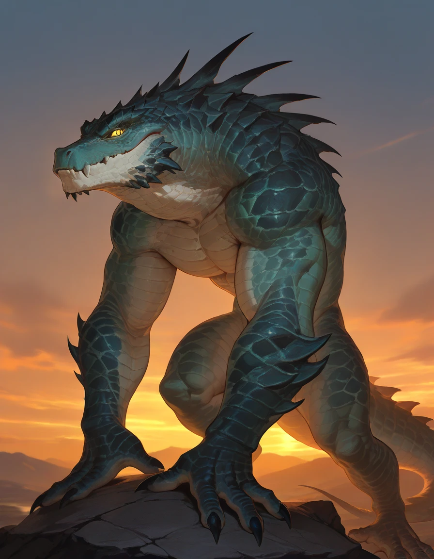 masterpiece, best quality, amazing quality, very aesthetic, absurdres, newest, scenery, extreme detail, 8k, detailed eyes, yellow eyes, by Riolutiny, anthro, reptile, male, scalie, lizard, solo, extremely detailed scales, yellow eyes, bara, the Blue tongued Skink and the green tailed skink hybrid, dark-green body, thick tail, glowing iris, strong, thick scales on arms and legs, marked jaw, alien bar background, looking at viewer, front view, scifi, Cybernetic limbs1:3
