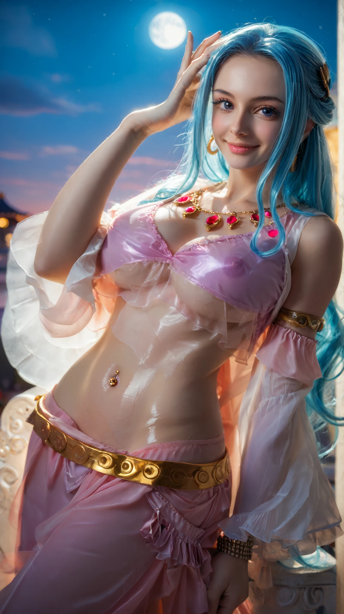 2D, anime, anime style, beautiful girl, medium shot (head to hips), sexy pink dancer outfit, sheer pink fabric, short frilly top exposing large breasts and toned stomach, navel piercing, colorful gem belt around hips, flowing translucent pink skirt, lots of exposed skin, shiny accessories, gold jewelry, blue hair, long flowing hair, blue eyes, soft blush, soft smile, elegant pose (tilted torso, one hand by hip, one hand slightly up), highly detailed face, realistic shading, luminous skin, looking at viewer, highly detailed, high resolution, vibrant colors, night sky background with full bright moon, romantic and exotic atmosphere, Nefertari Vivi, 25 years old, Korean style cosplay, beautiful lighting effects, delicate fabric movement.