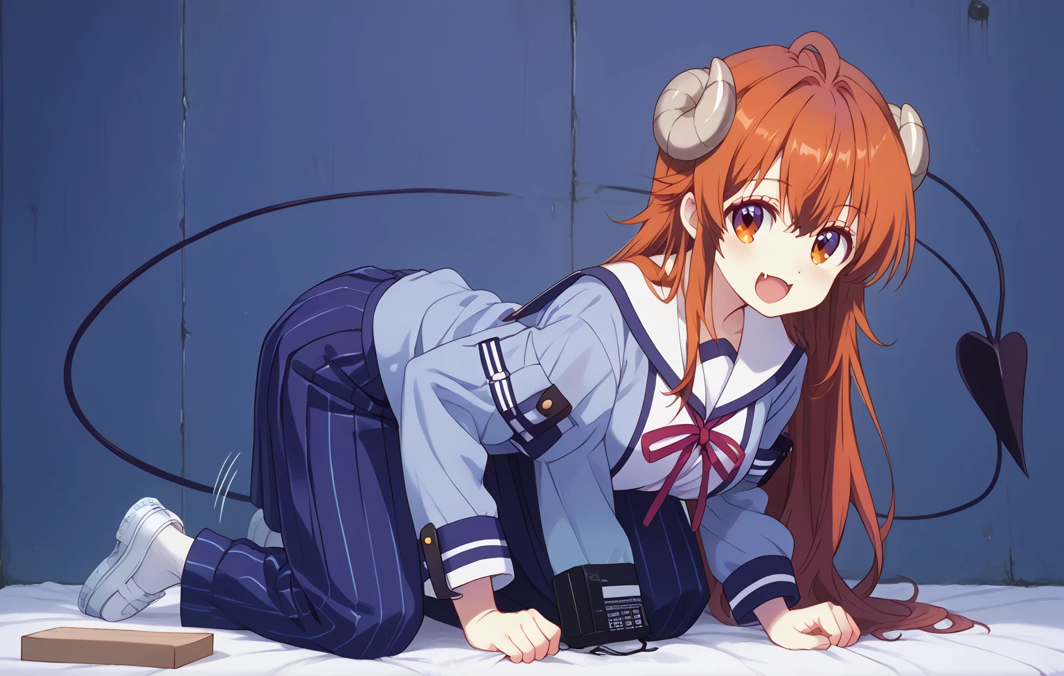 masterpiece, highest quality, Poor breasts、crimson hair、ponytail、Glowing yellow eyes、Bangs between the eyes、Ahoge, Sailor suit, skirt, 8-year-old、White panties、Leg spread、Ecstatic expression、Entangled Tentacles