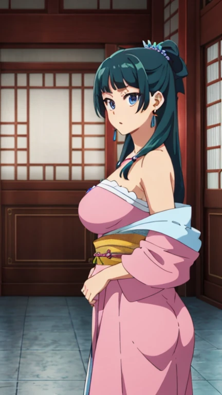sakurajima mai, mai-san, (masterpiece), 1girl, japanese clothes, solo, kimono, red kimono, show panties, show bra, black panties, black bra, medium breasts, cleavage, blush, paintbrush, calligraphy brush, bedroom background, ink, bare shoulders, off shoulder, looking at viewer, sash, smile, collarbone, sitting, obi, floral print, wide sleeves, parted bangs, between breasts, holding, open mouth, nsfw